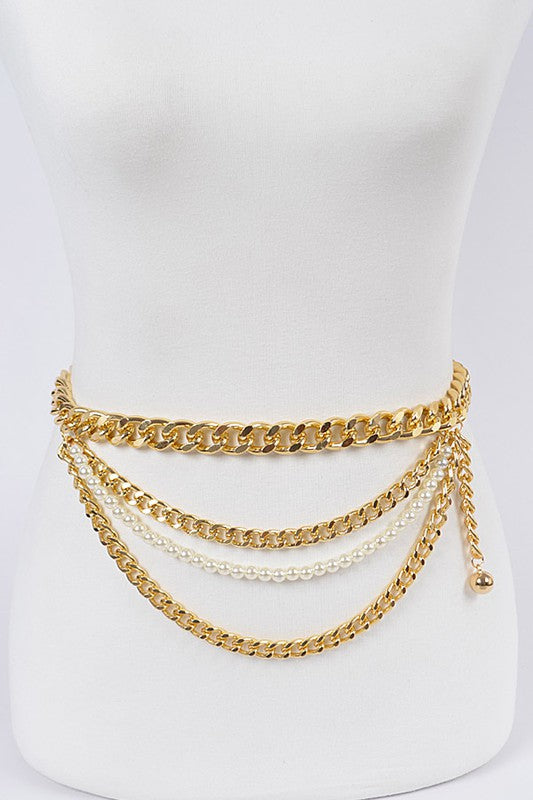 Golden Layered Chain and Pearl Belt