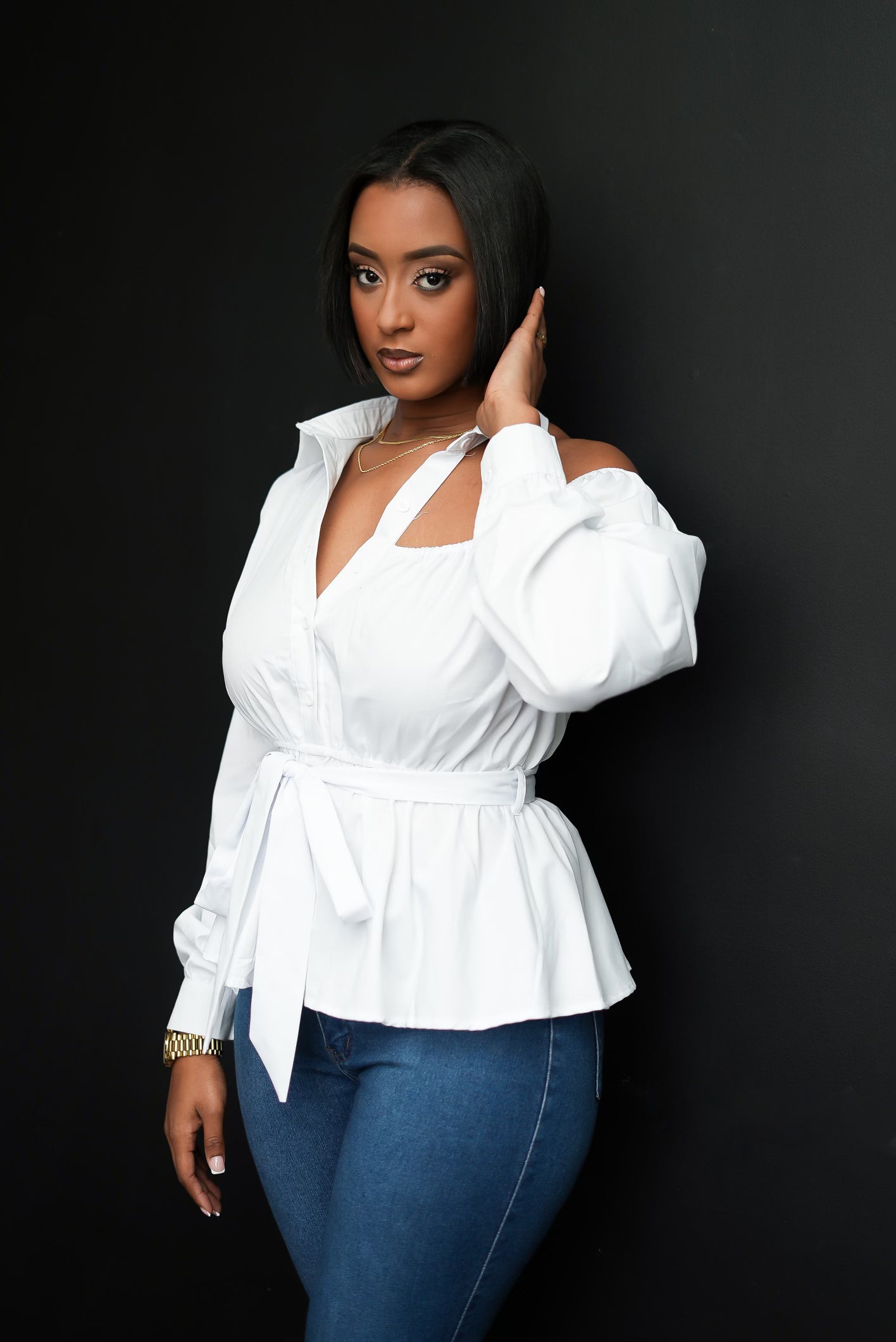 White cut out shirt women s white button down shirt Golden Chic