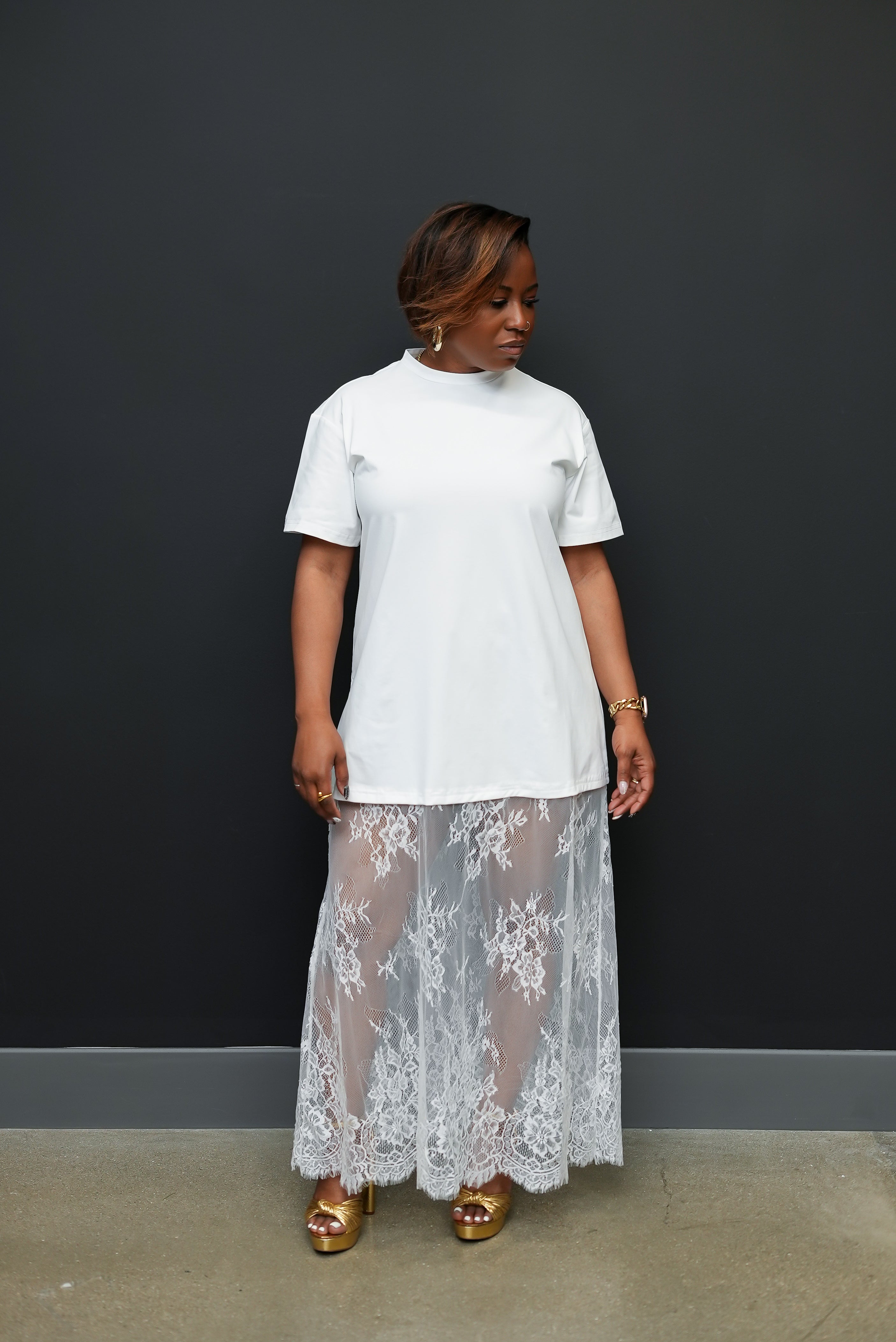Lace Illusion Tee-Shirt Maxi Dress (White)