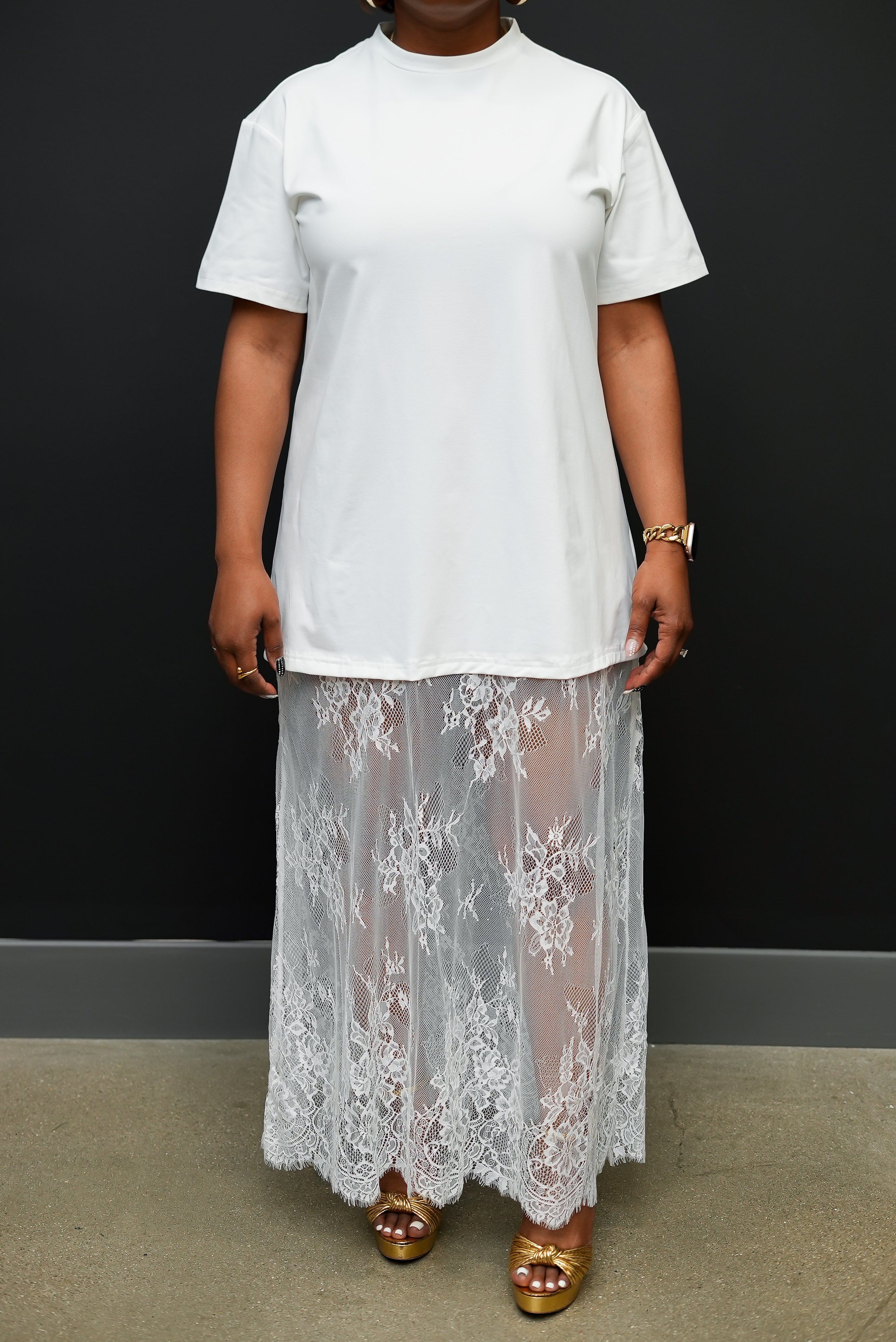 Lace Illusion Tee-Shirt Maxi Dress (White)