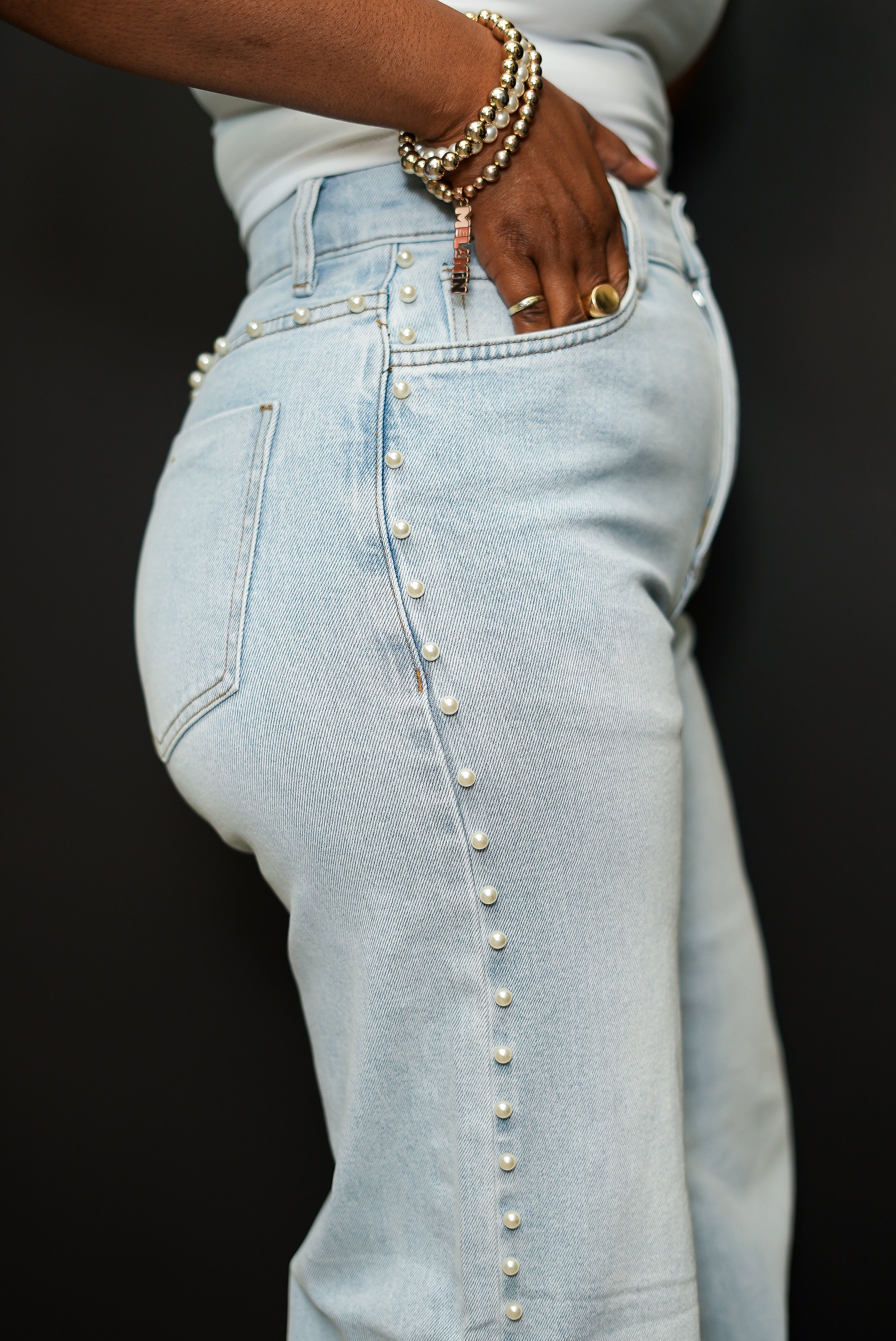 Pearl Stud High Rise Wide Jeans