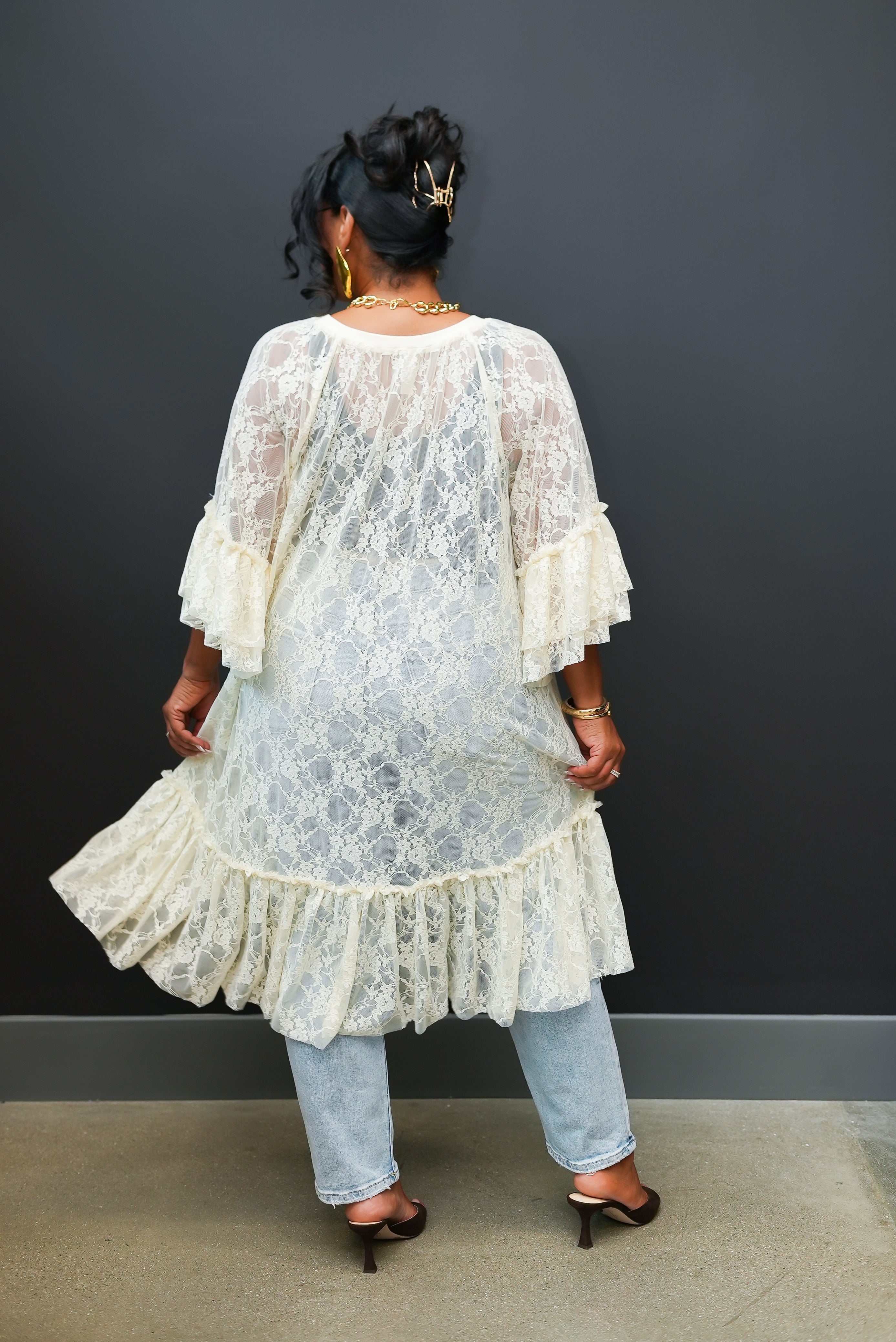Sheer Lace Shirt Dress (White)
