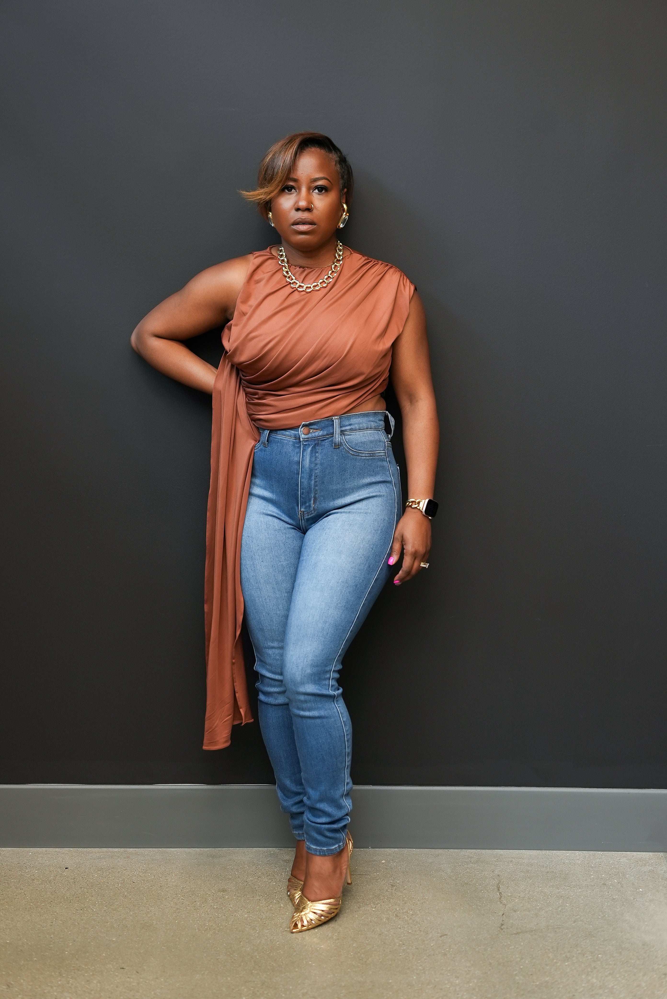 Draped One-Shoulder Top (Brown)