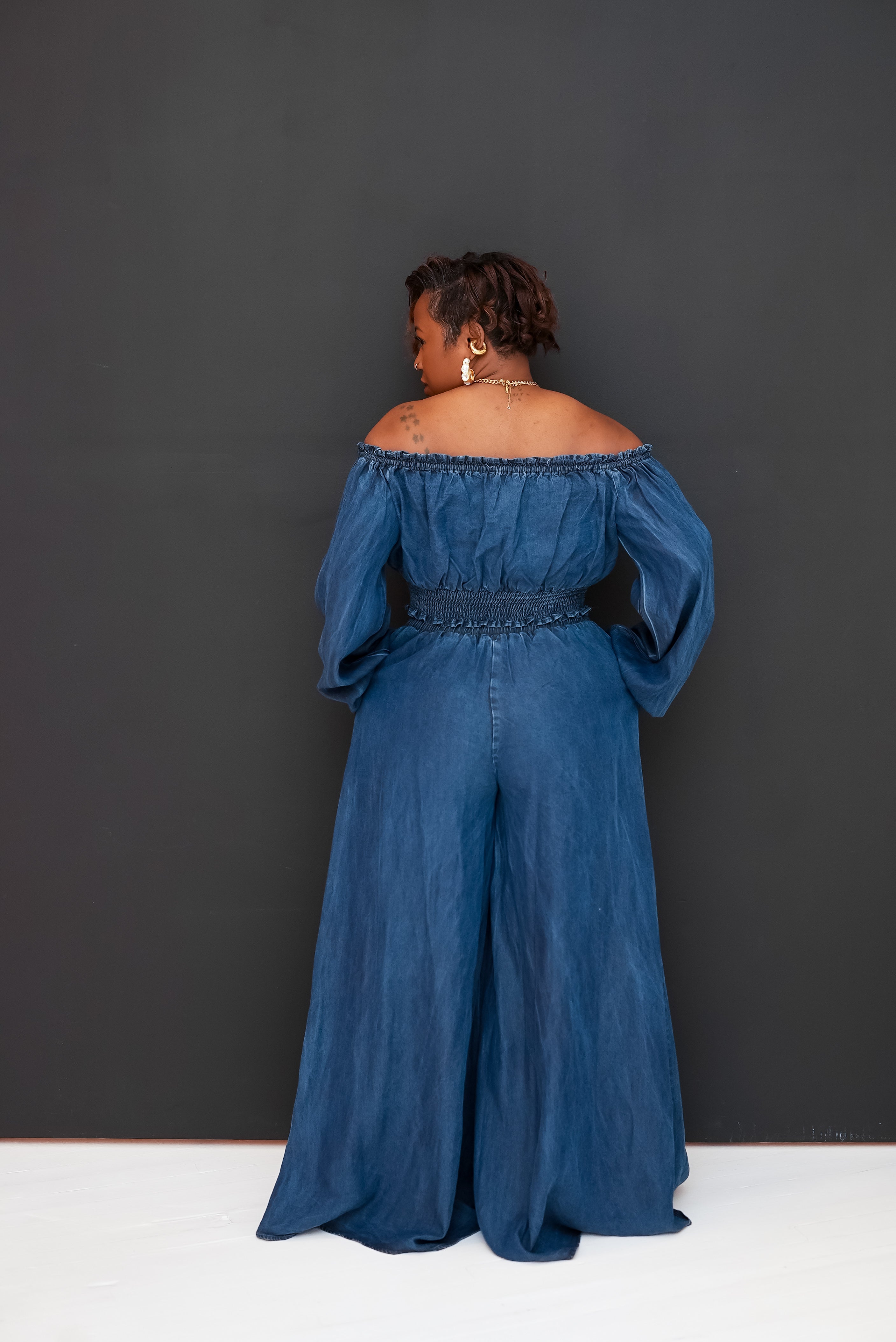 Off the shoulder palazzo denim set