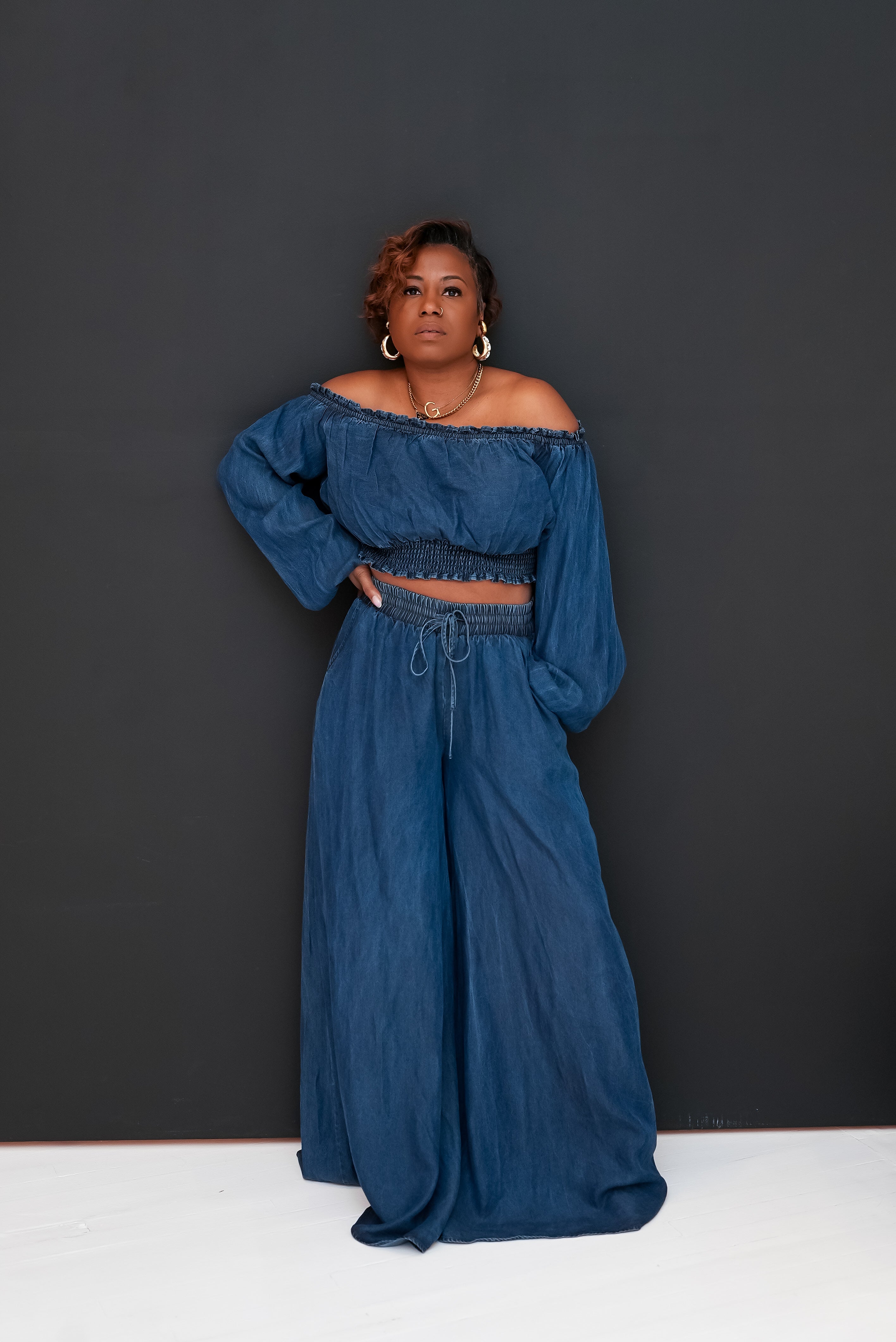 Off the shoulder palazzo denim set