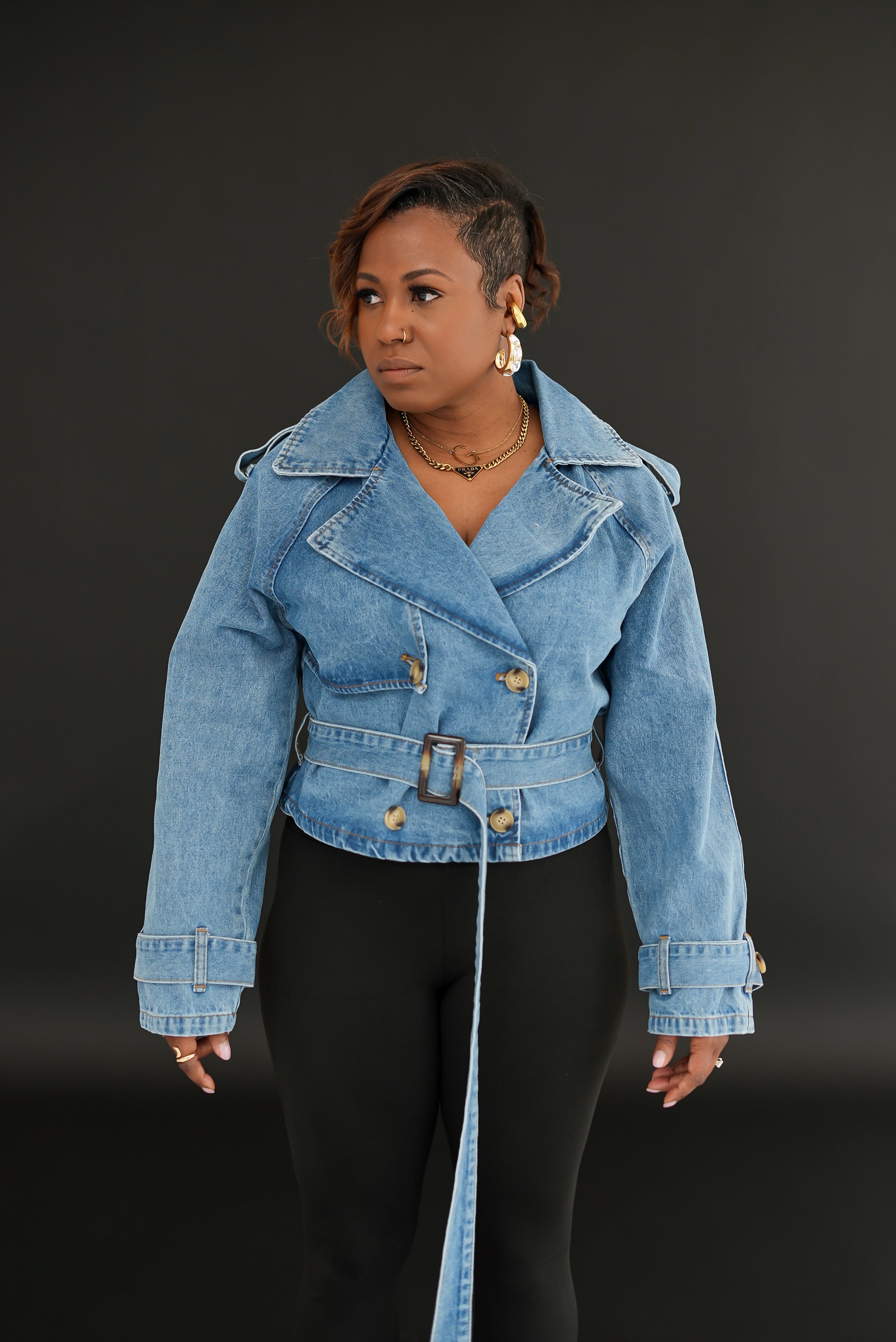 Structured Belted Cropped Denim Jacket