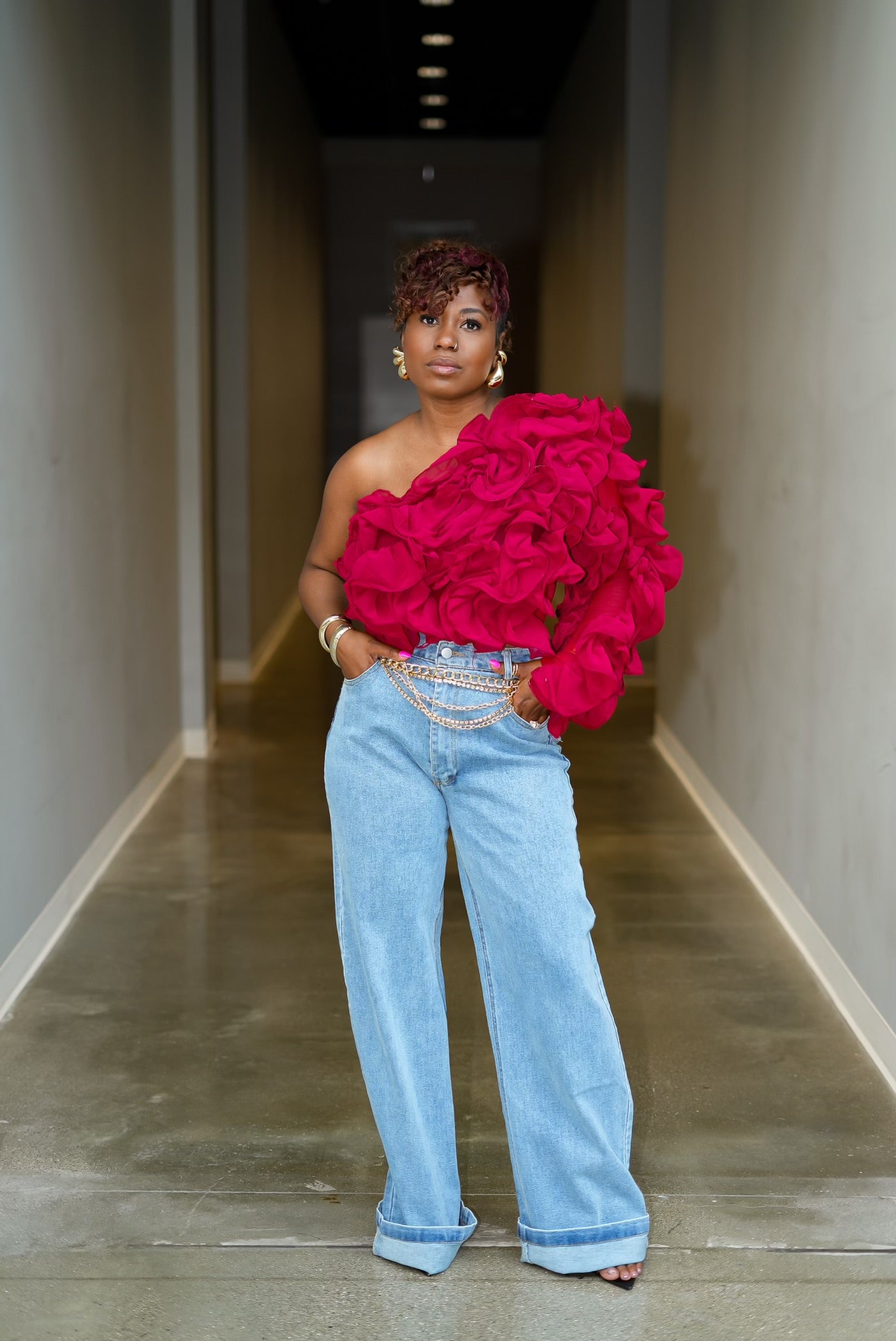 Red ruffle sleeve top online