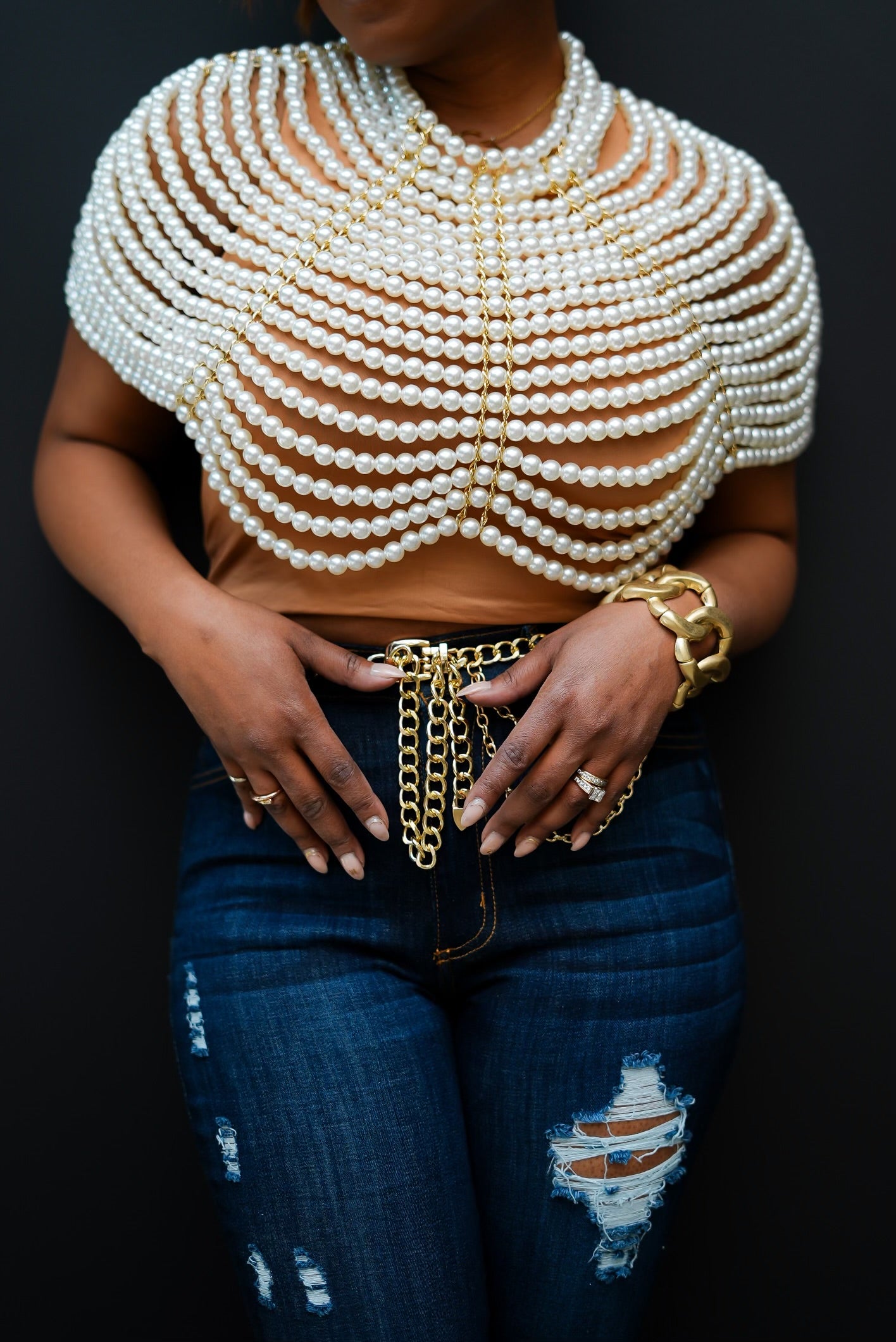 Faux Pearl Body Chain Top