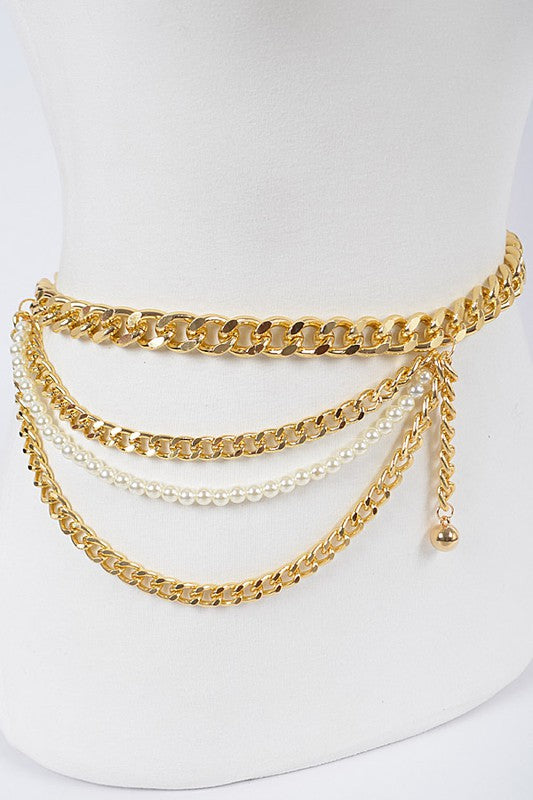 Golden Layered Chain and Pearl Belt