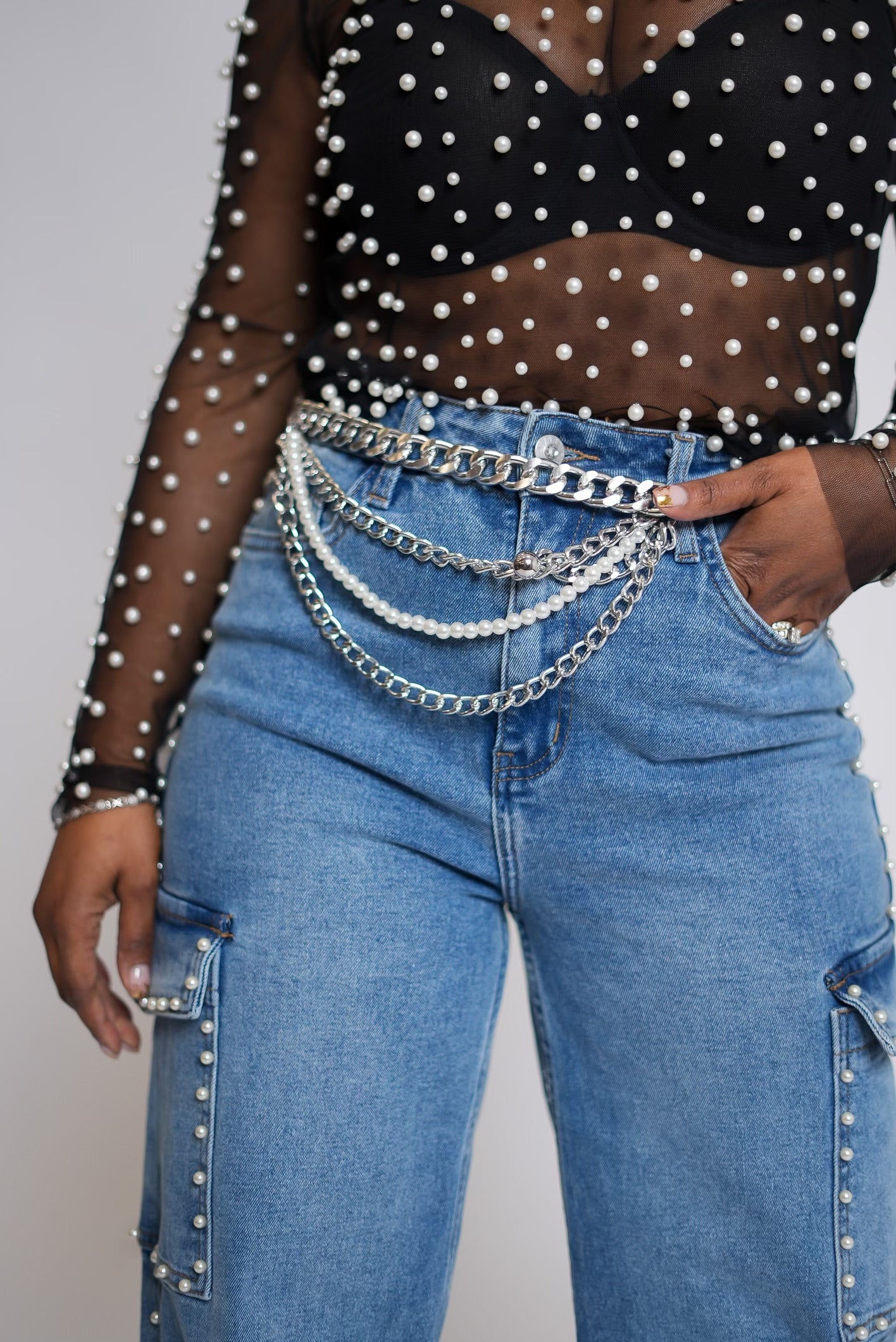 Golden Layered Chain and Pearl Belt