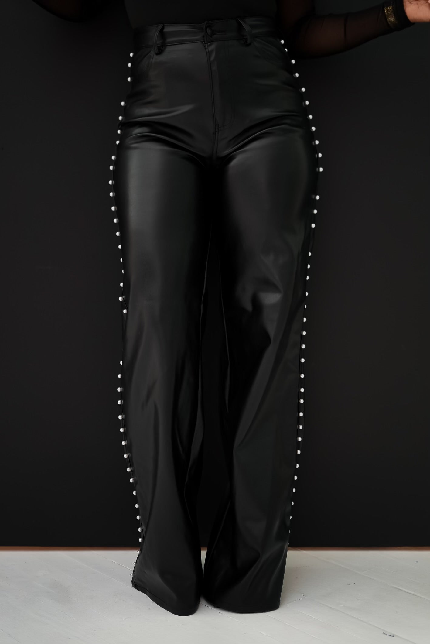 Vegan Leather Wide Leg Pants With Pearl