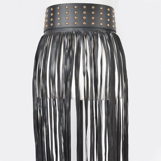 Faux Leather Metal Studded Fringe Belt