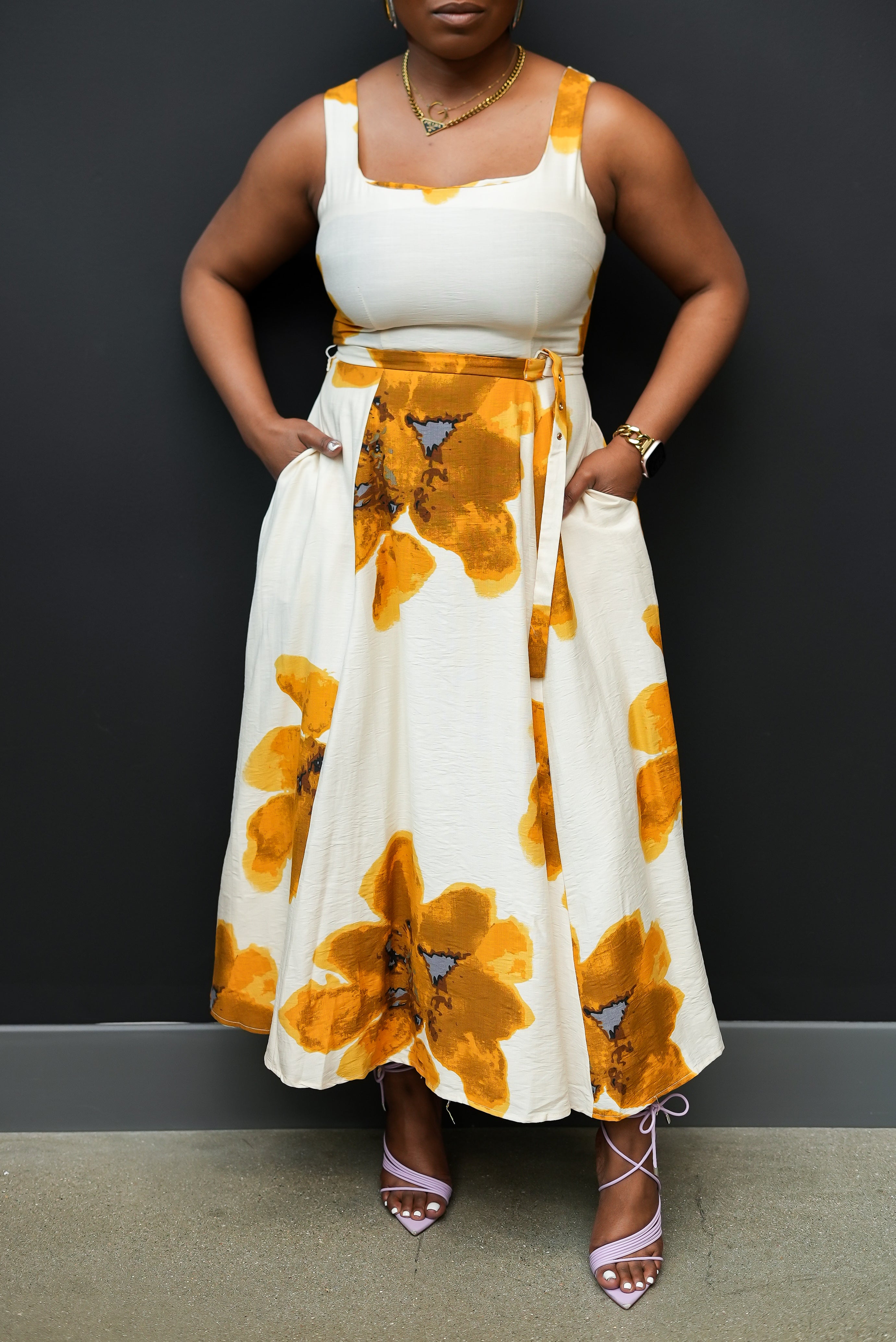Golden Bloom Floral Midi Dress