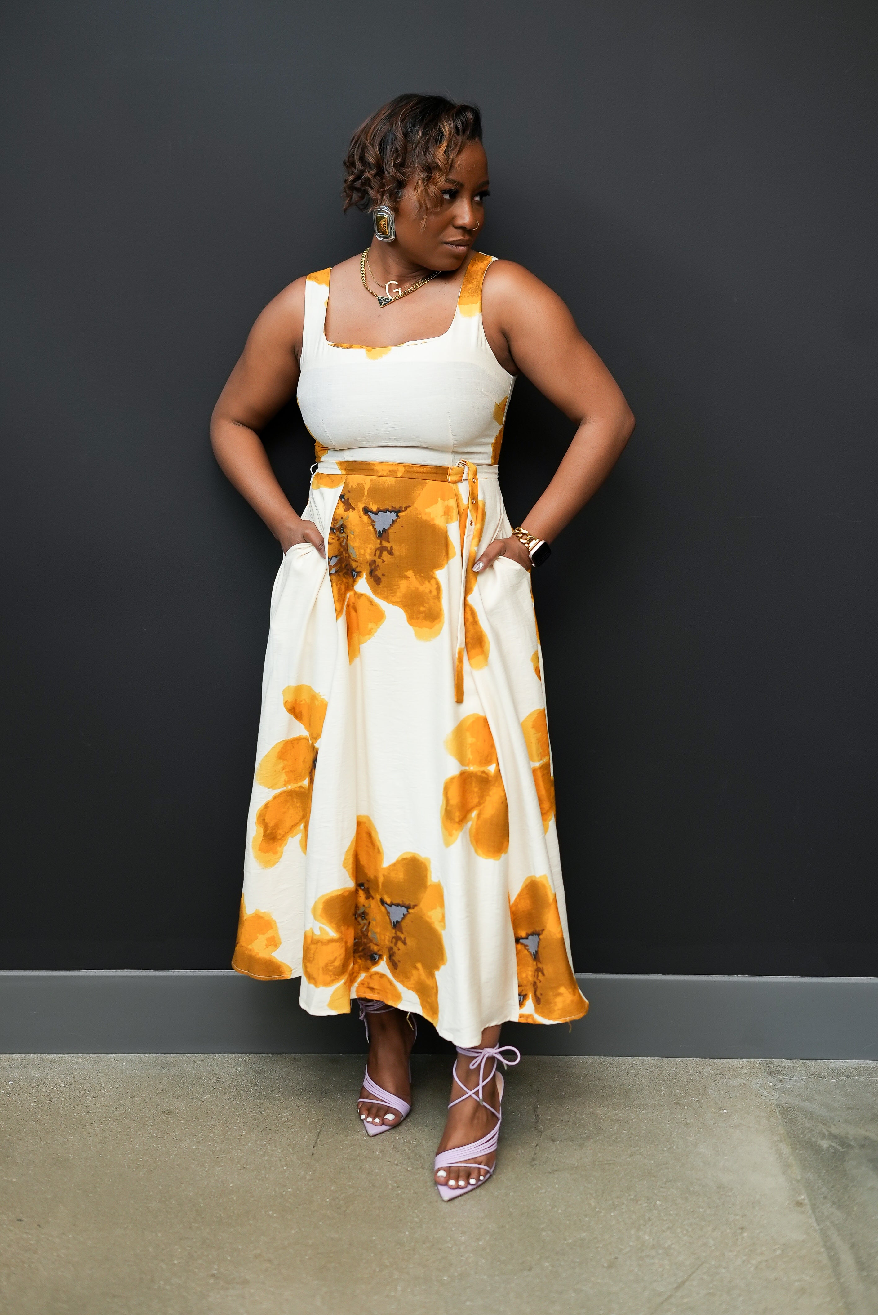 Golden Bloom Floral Midi Dress