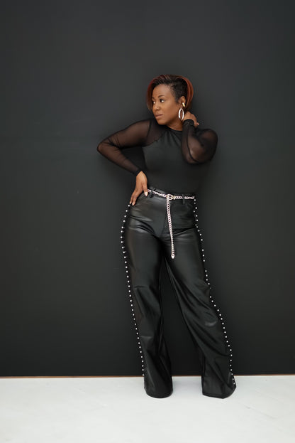 Vegan Leather Wide Leg Pants With Pearl