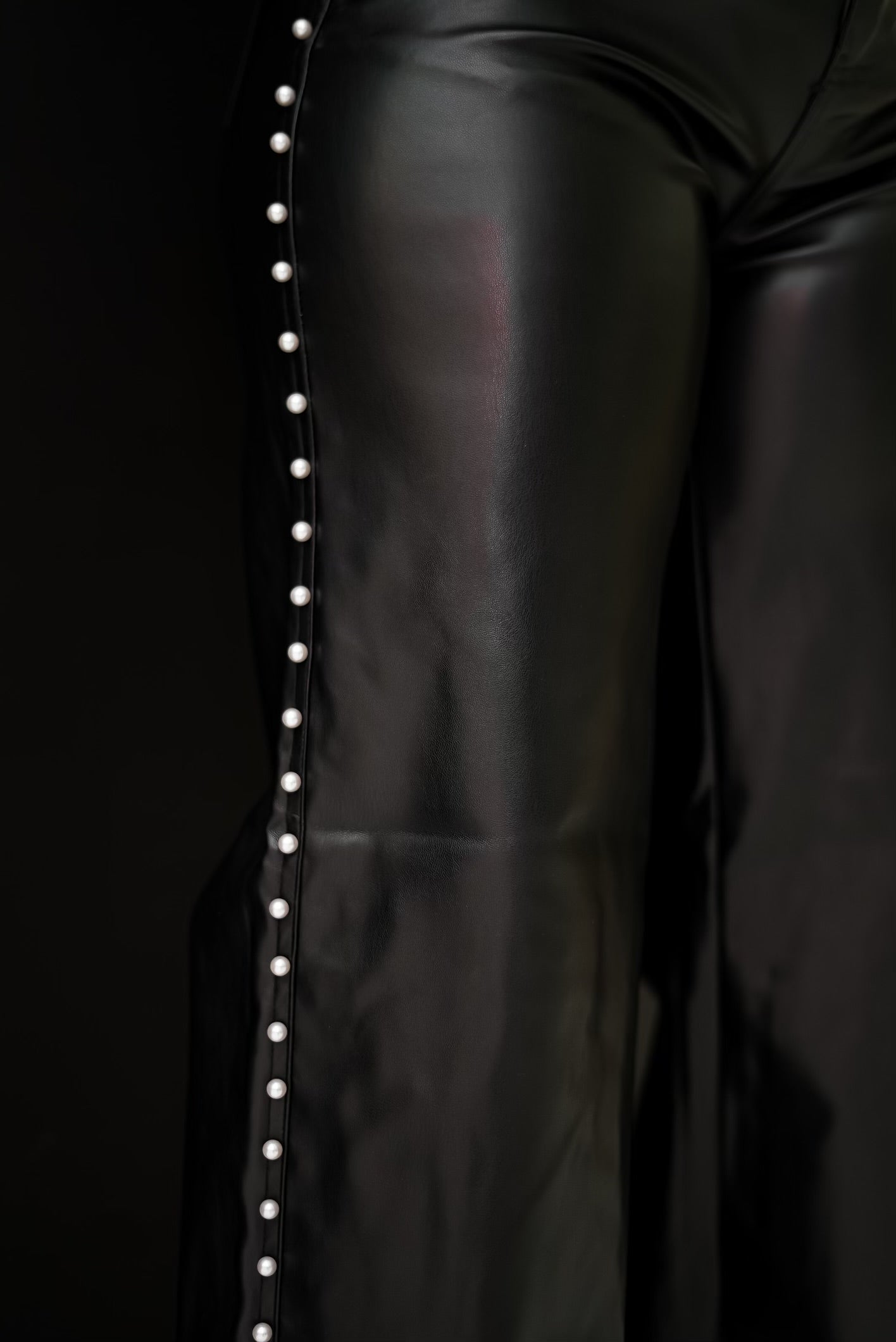 Vegan Leather Wide Leg Pants With Pearl