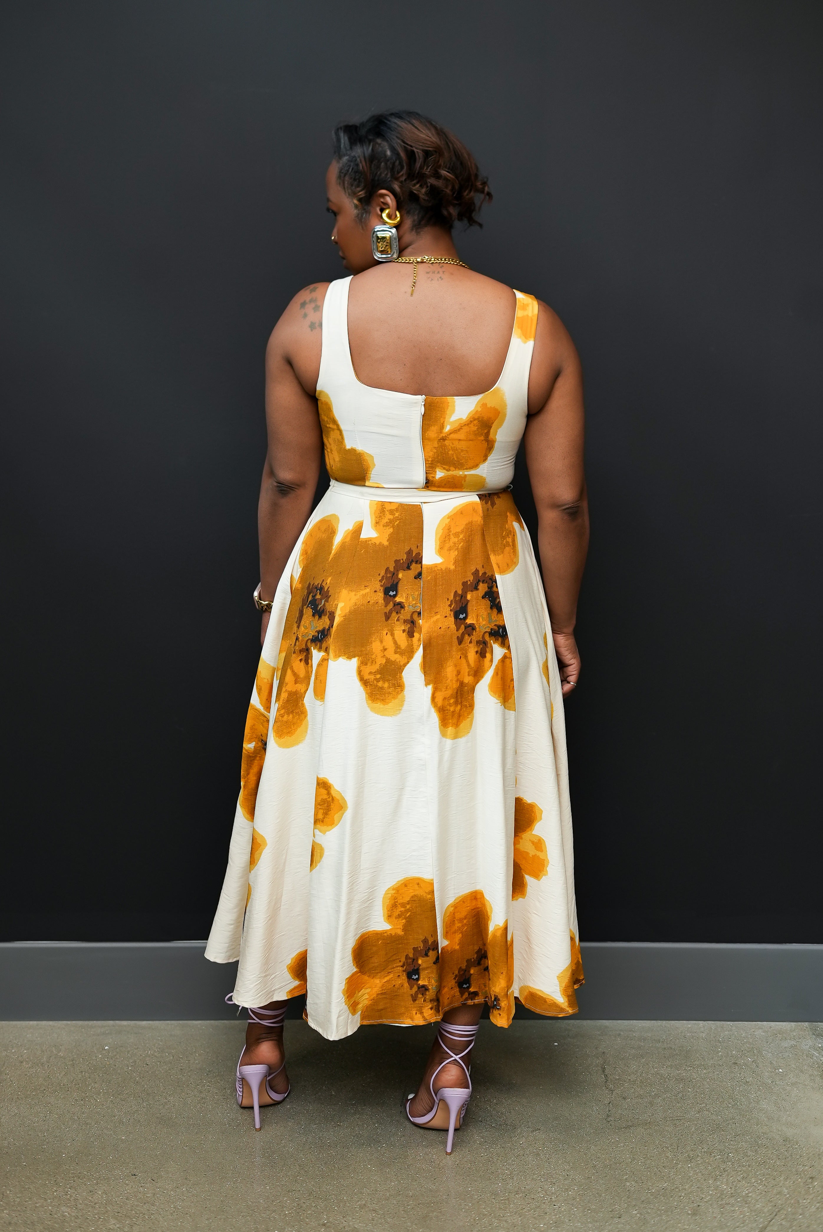 Golden Bloom Floral Midi Dress