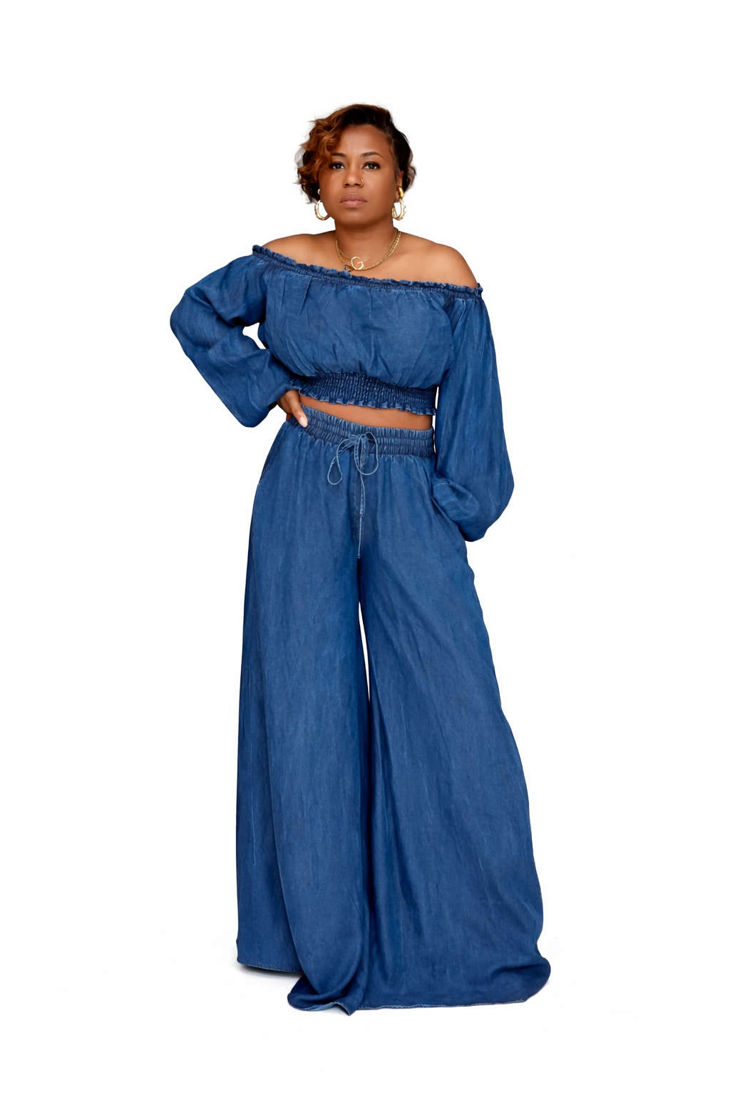 Off the shoulder palazzo denim set