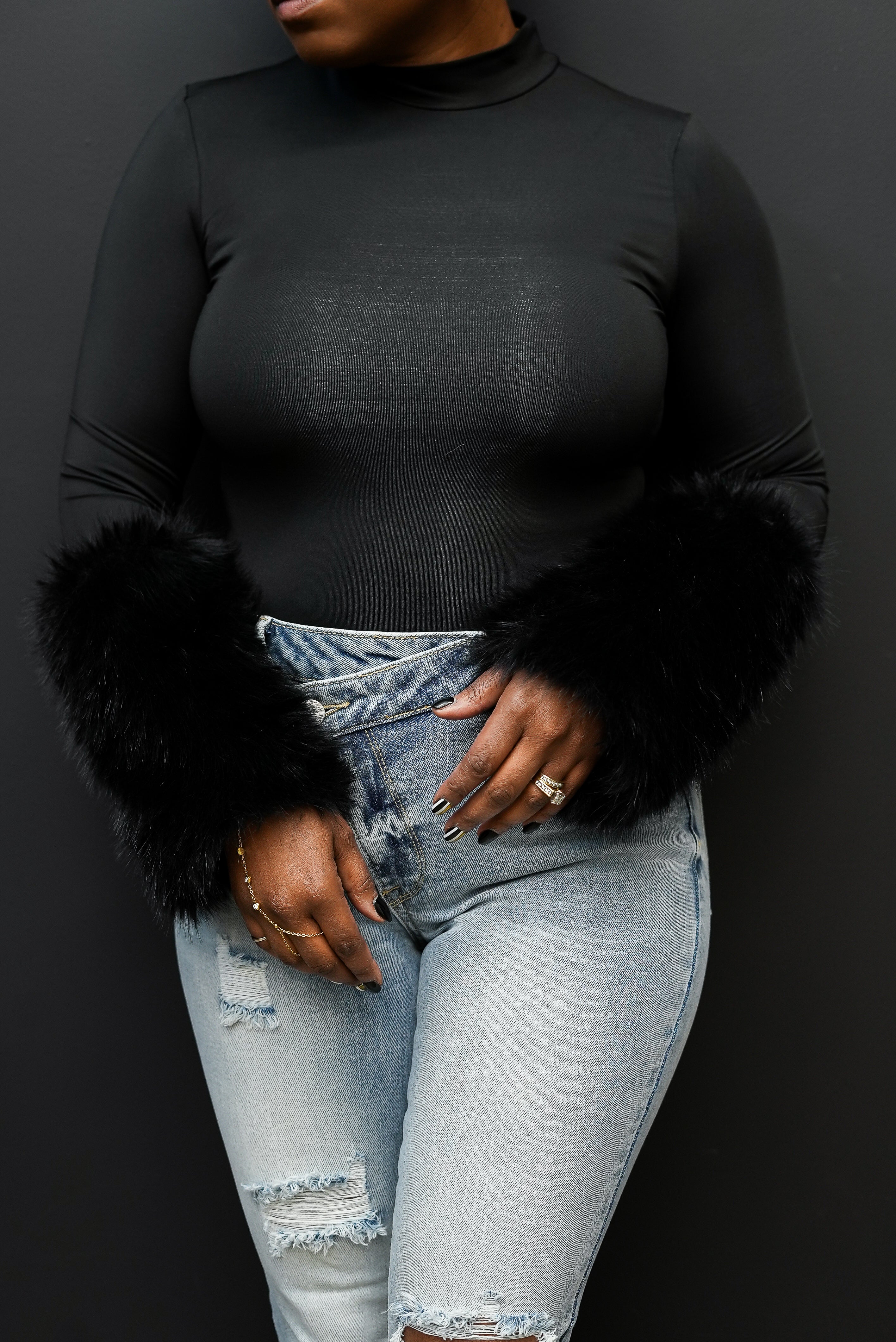 Midnight Luxe Faux Fur Bodysuit