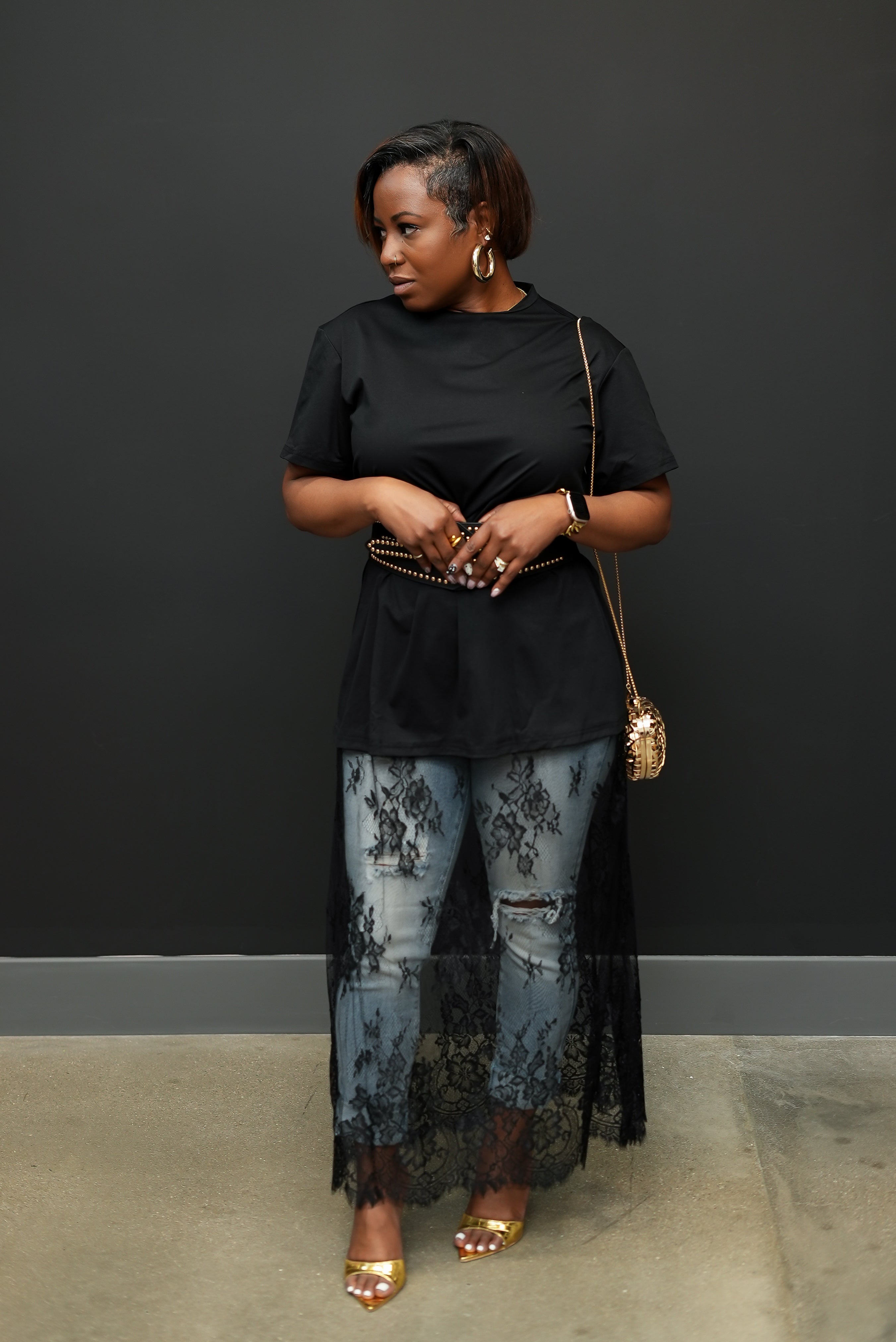 Lace Illusion Tee-Shirt Maxi Dress (Black)