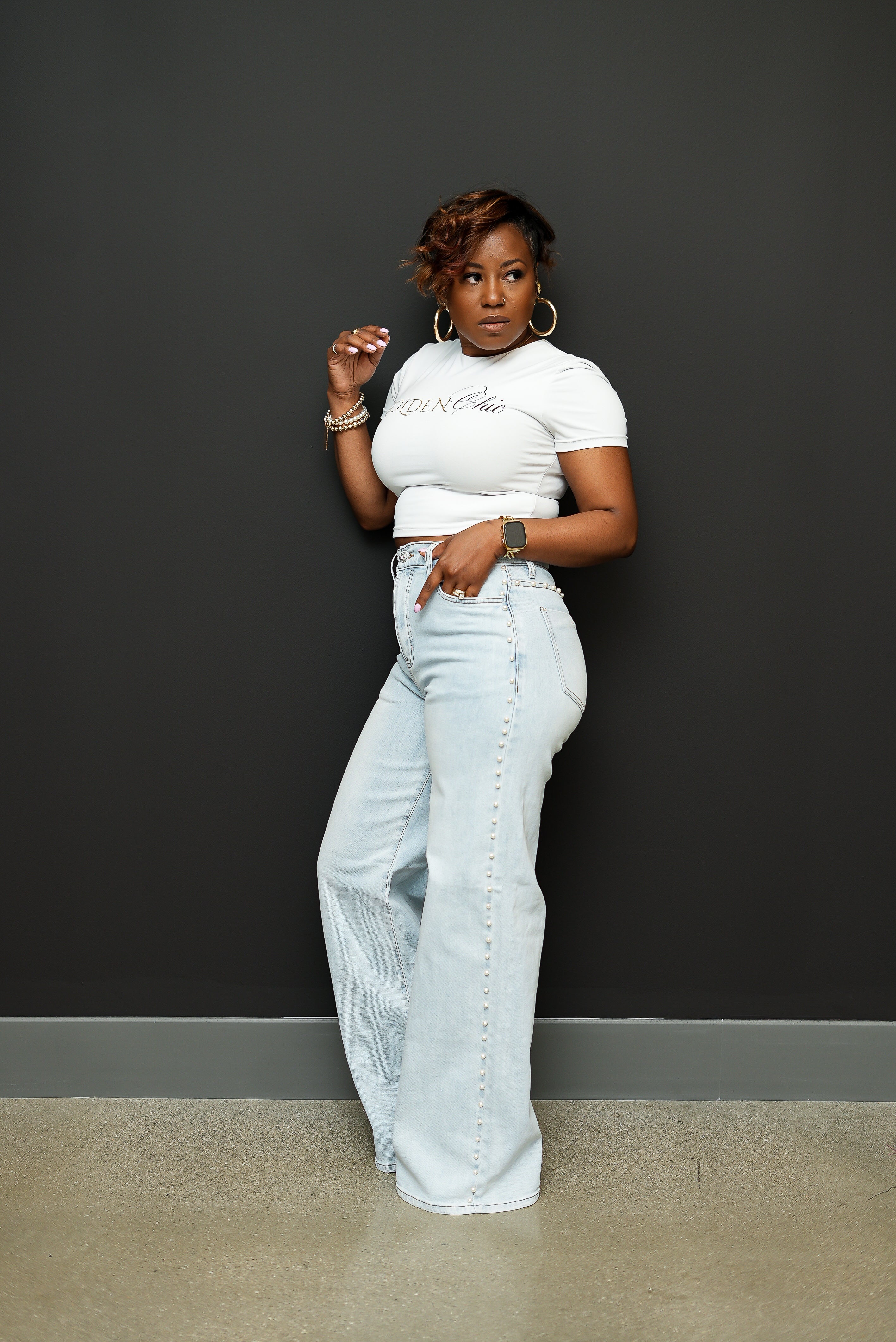 Pearl Stud High Rise Wide Jeans