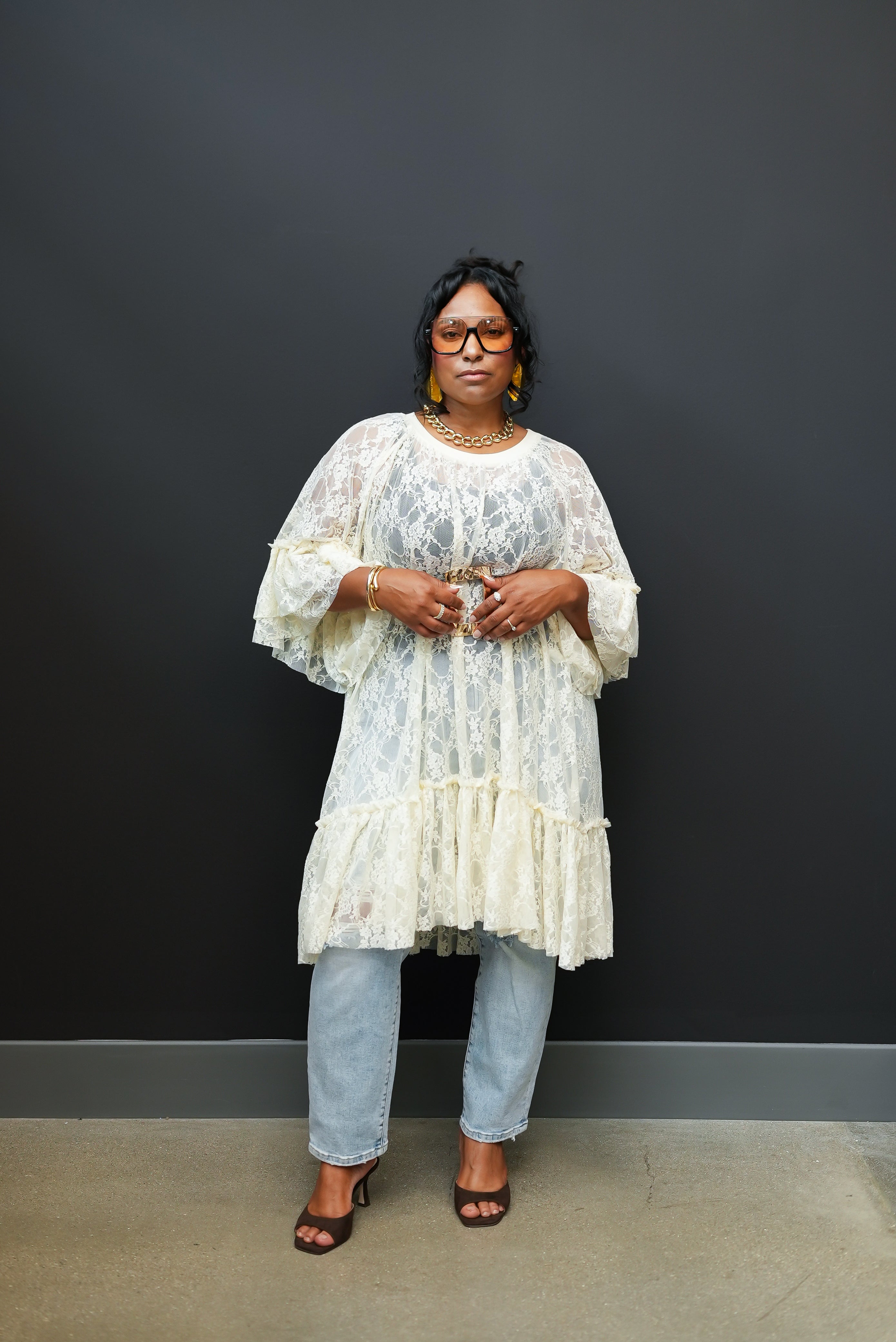 Sheer Lace Shirt Dress (White)