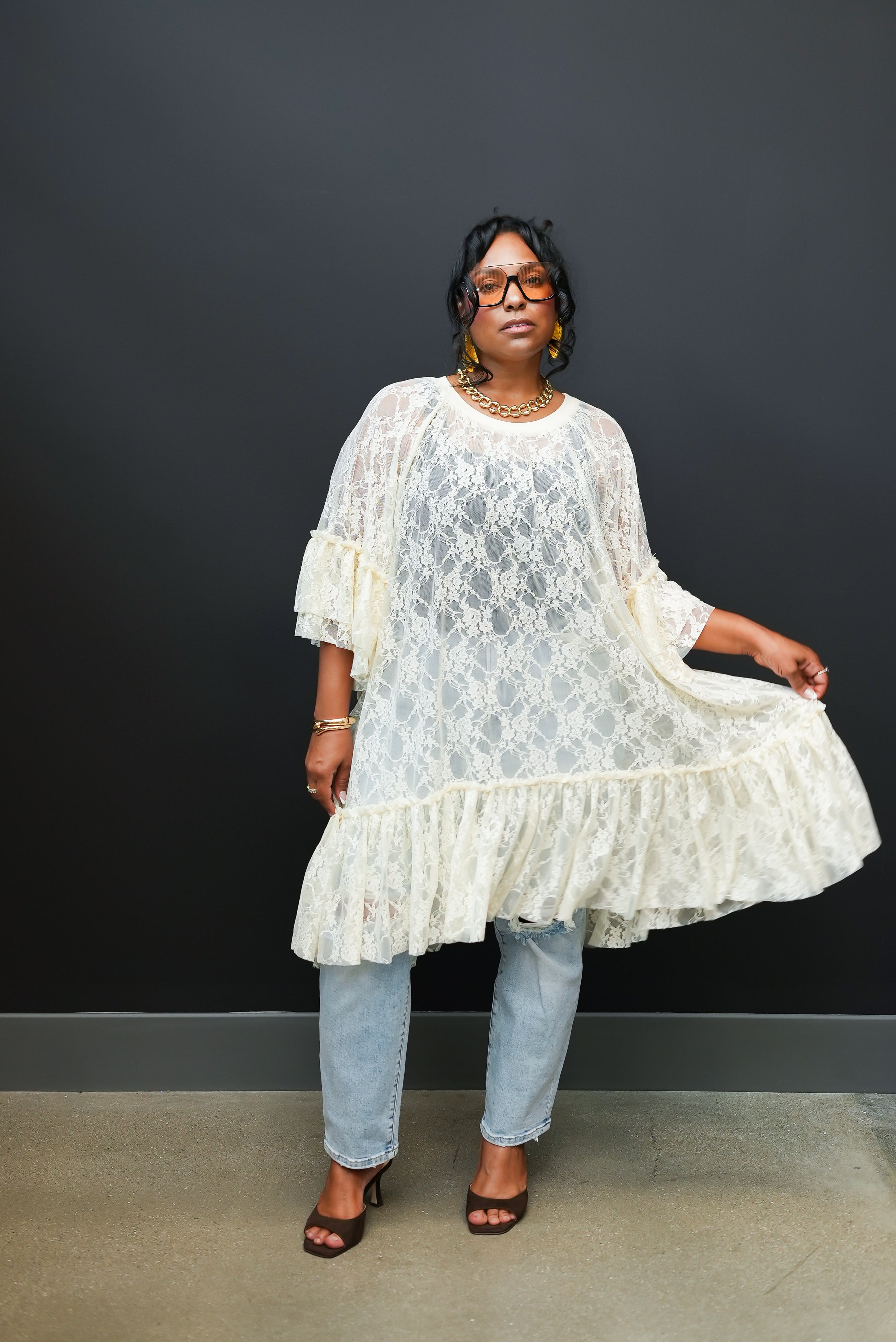 Sheer Lace Shirt Dress (White)