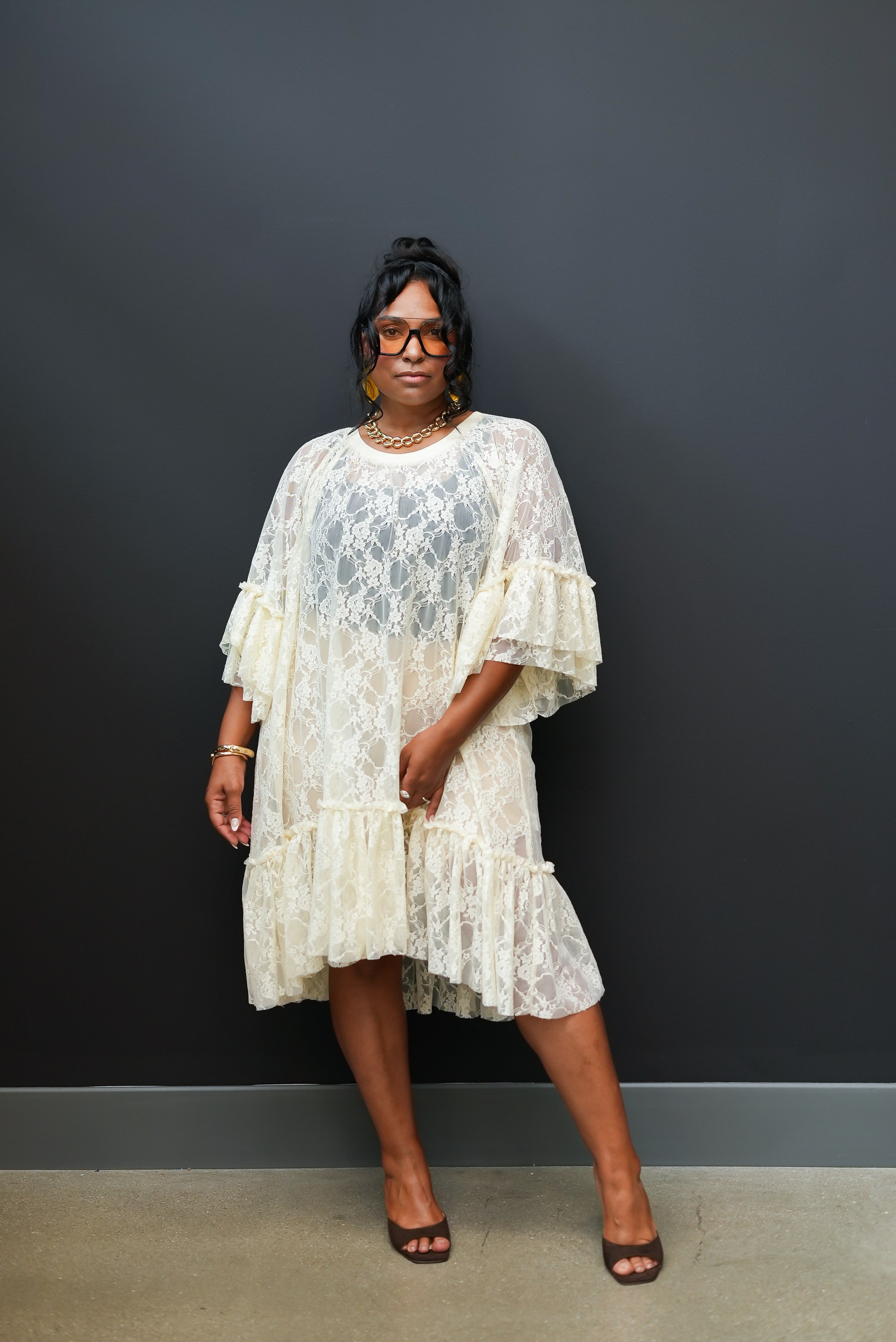 Sheer Lace Shirt Dress (White)