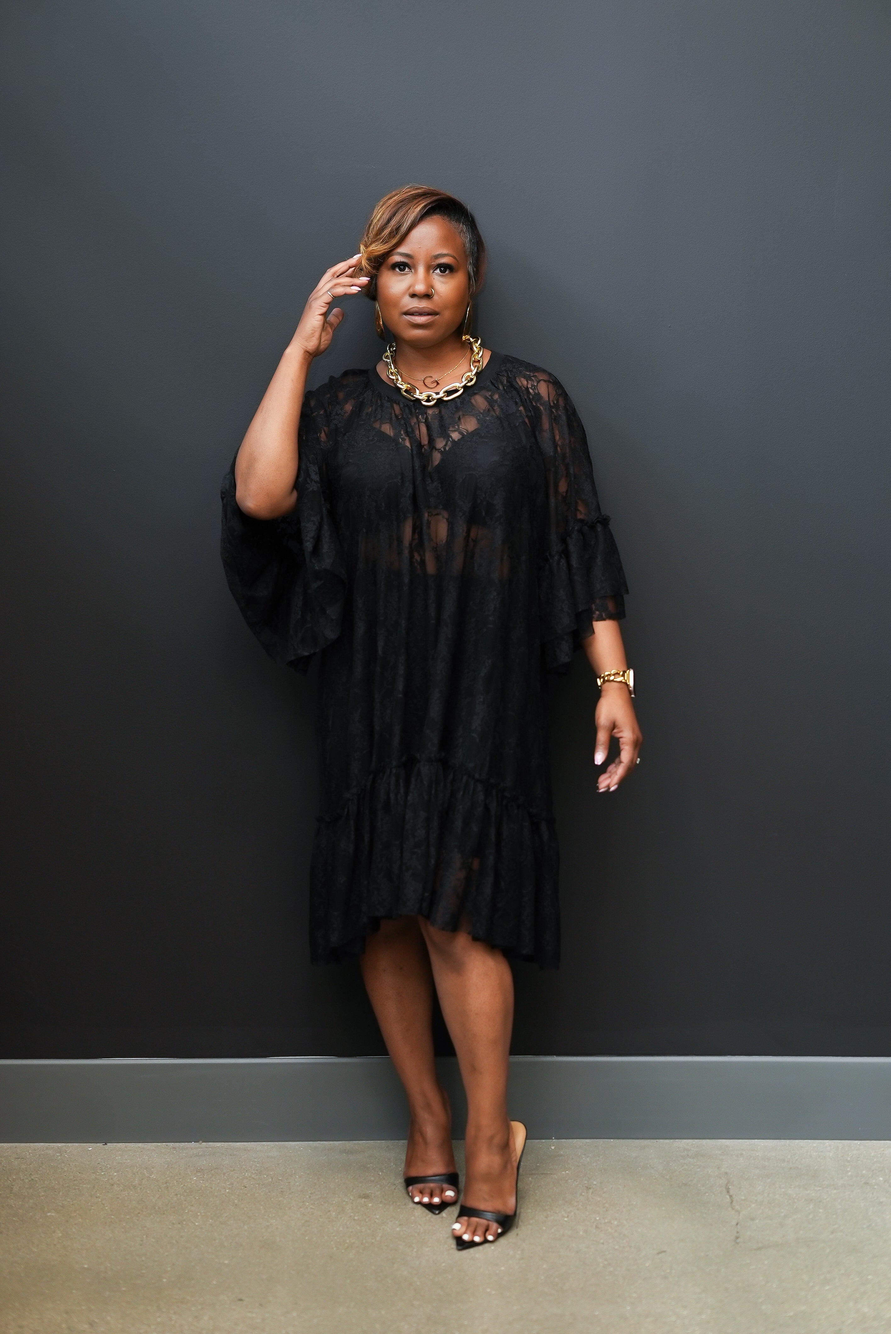 Sheer Lace Shirt Dress (Black)