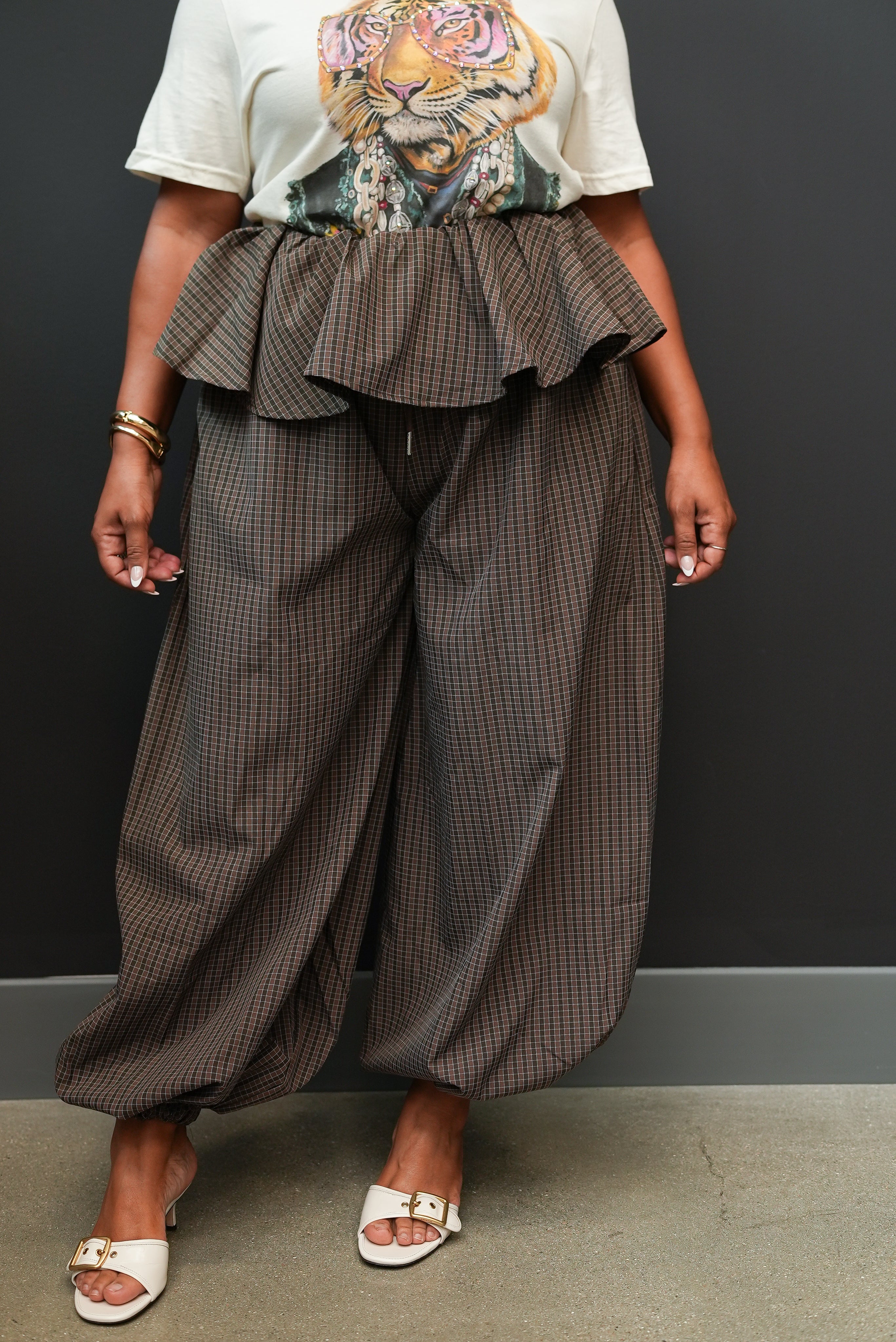 Plaid Drama Peplum Harem Pants