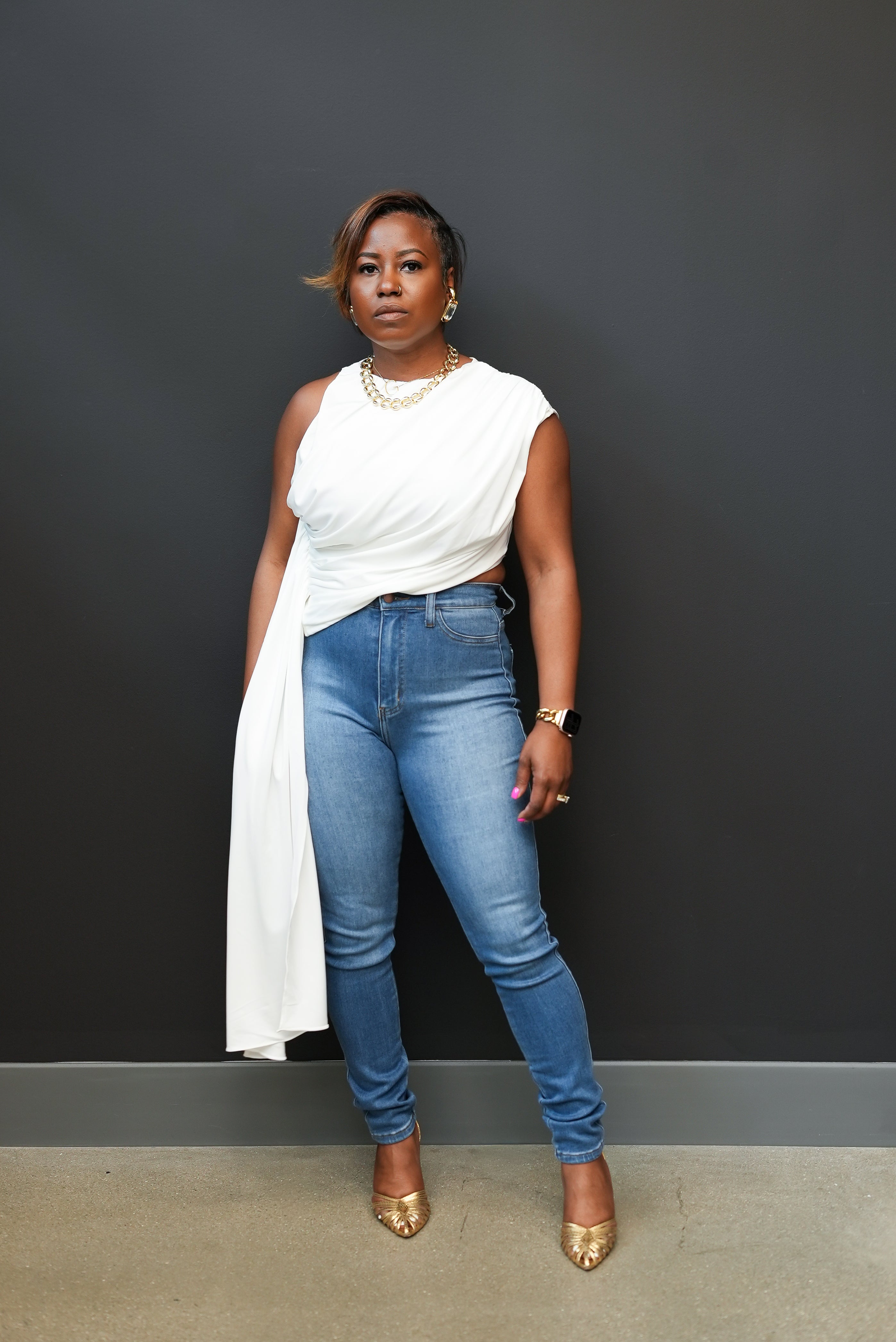 Draped One-Shoulder Top (White)