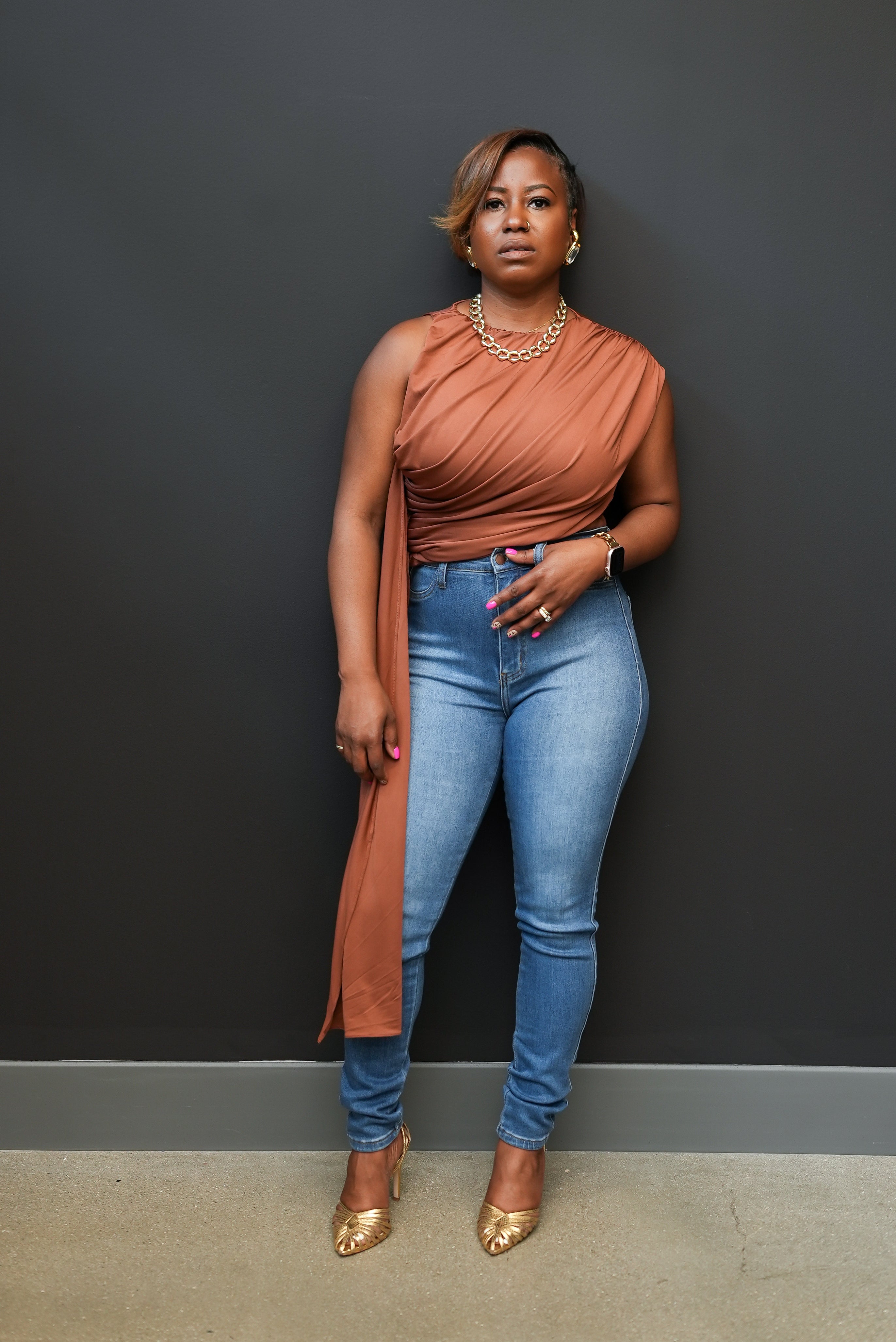Draped One-Shoulder Top (Brown)