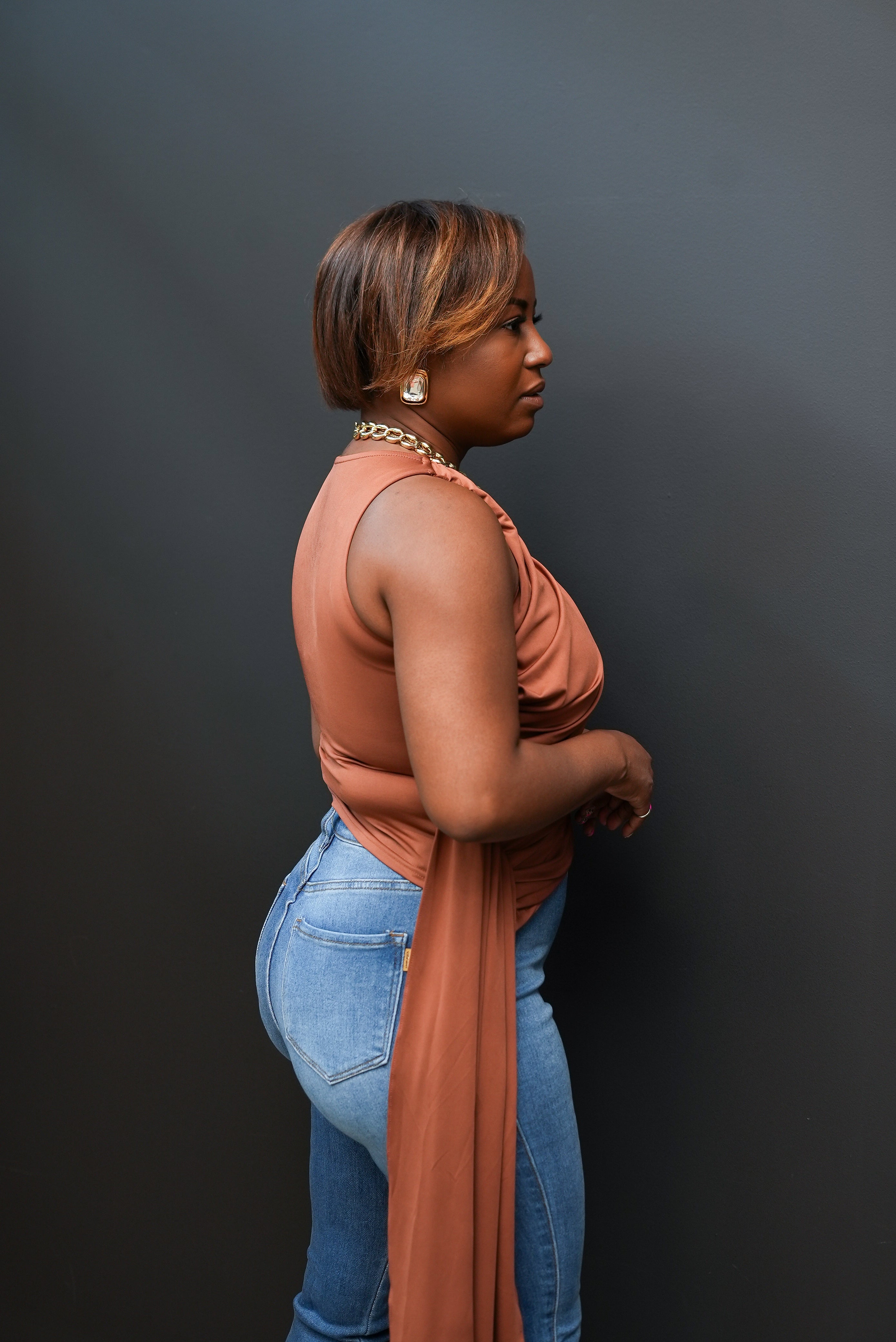 Draped One-Shoulder Top (Brown)