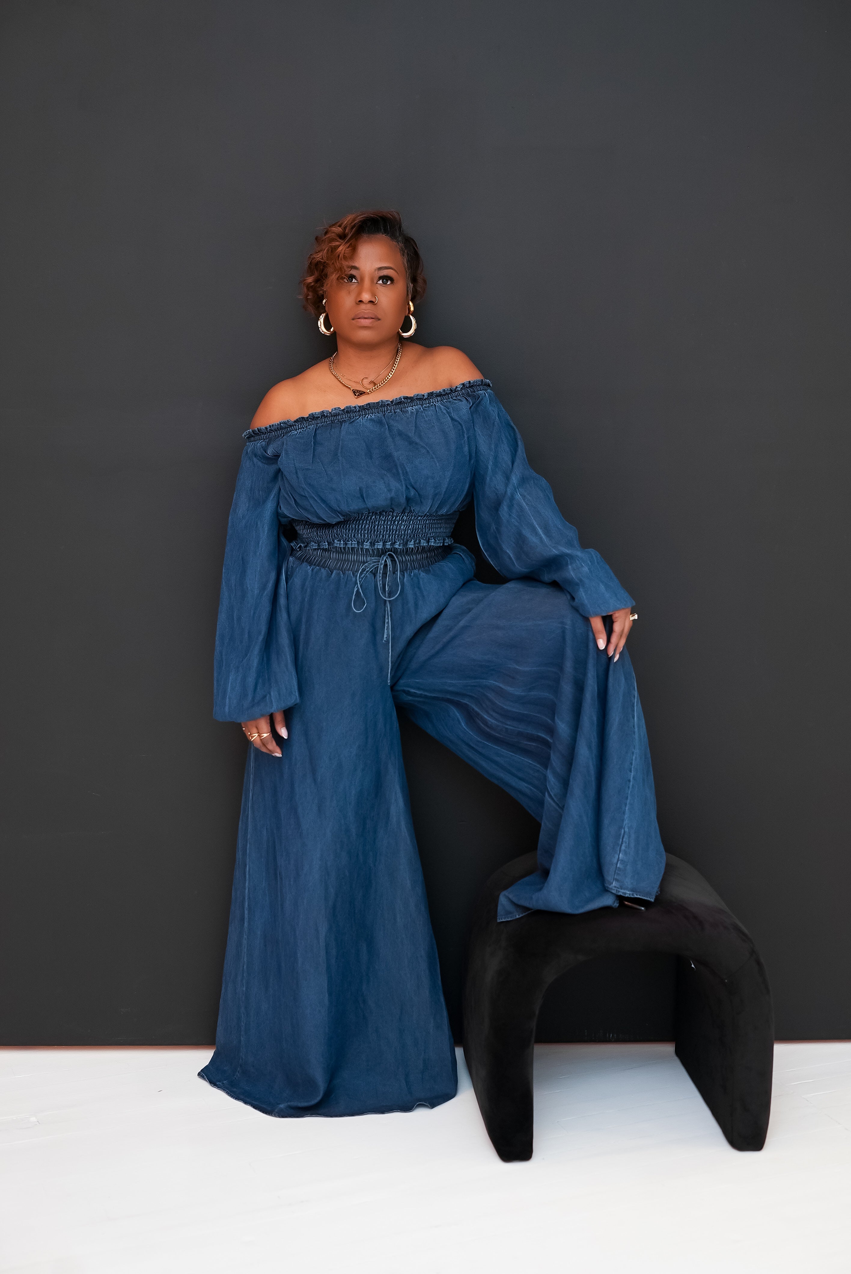 Off the shoulder palazzo denim set