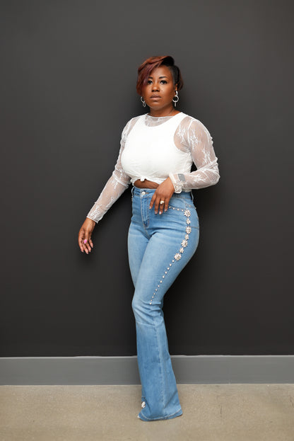 Crystal Bloom High-Rise Flare Jeans