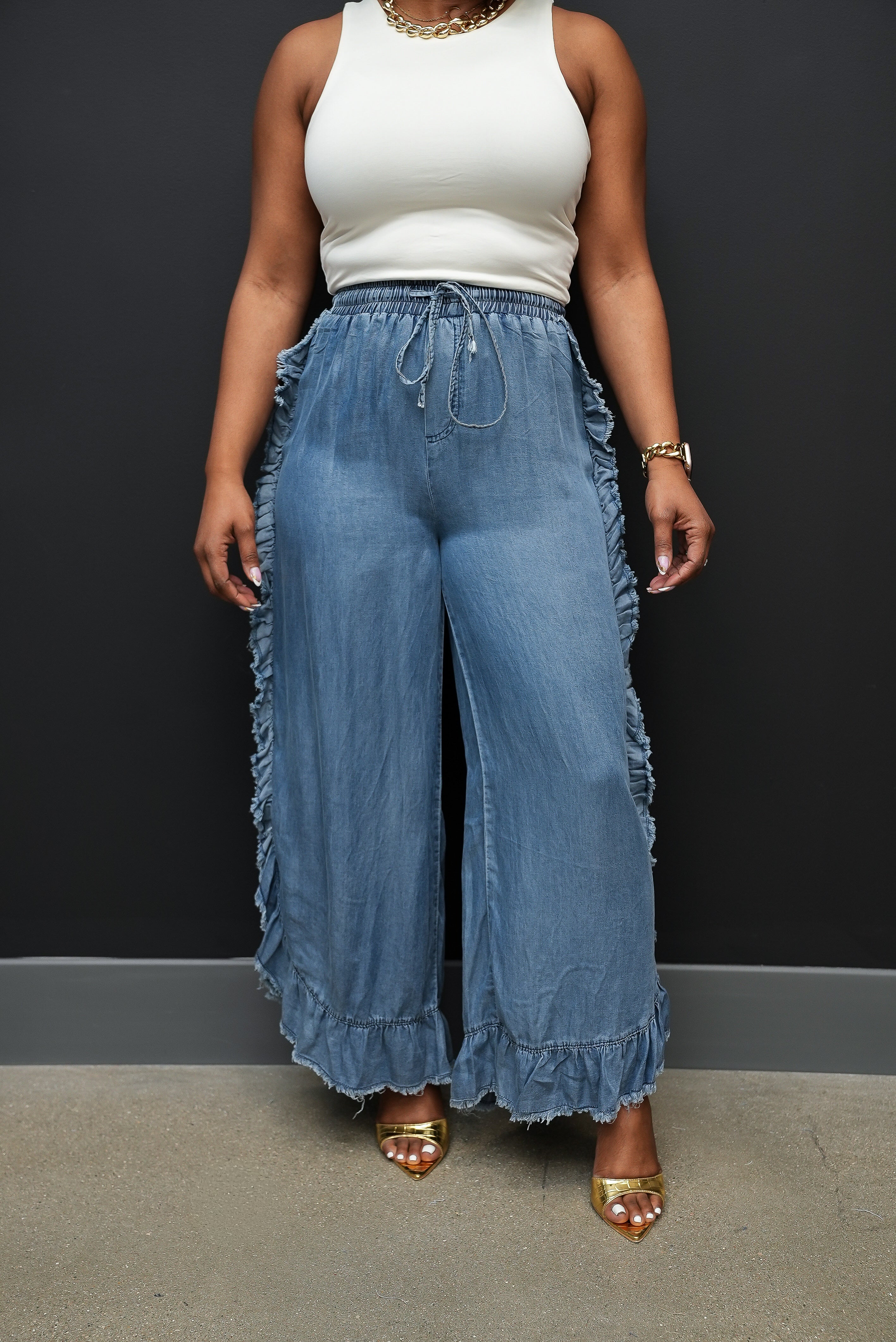 Ruffle Me Right Chambray Cropped Pants