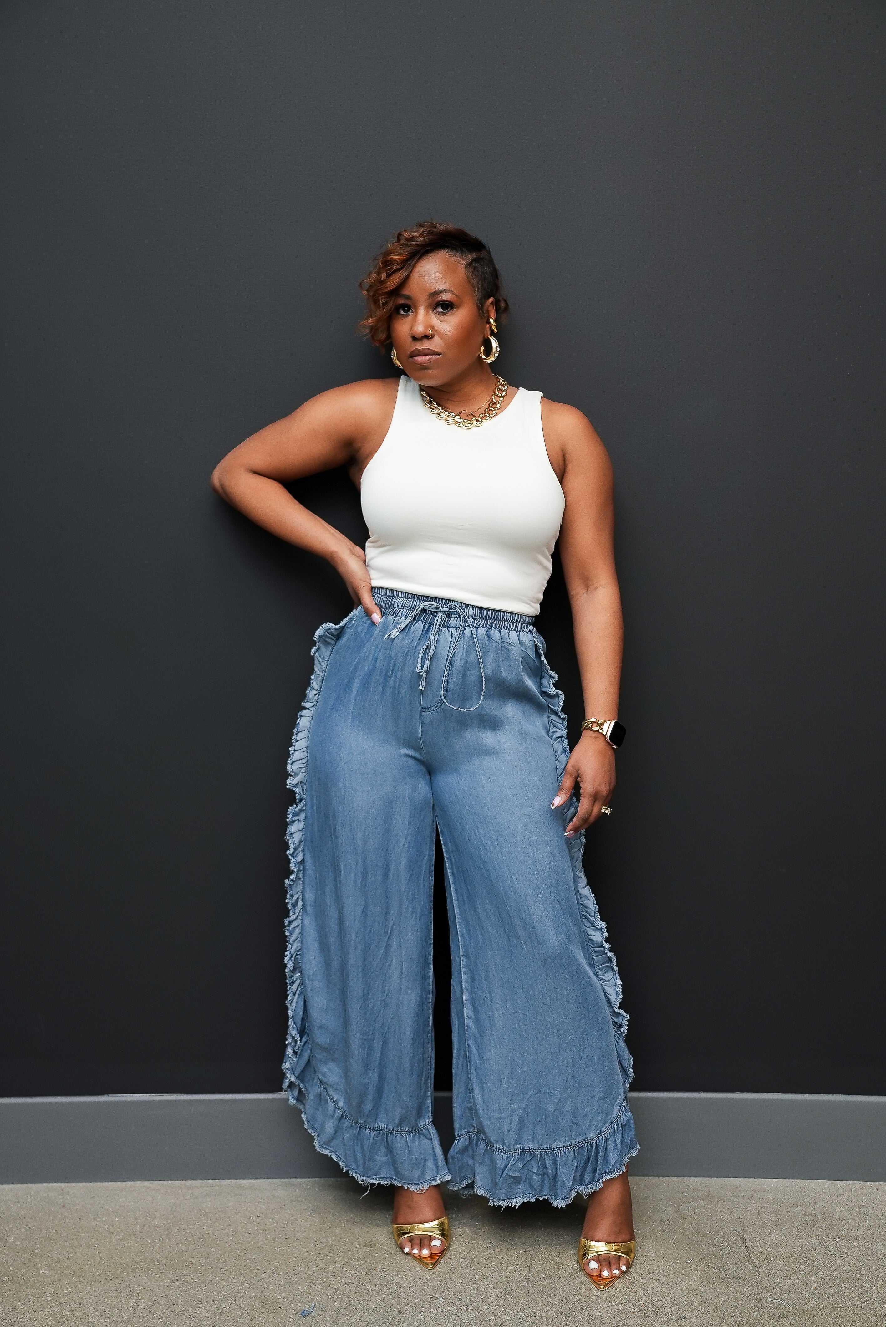 Ruffle Me Right Chambray Cropped Pants