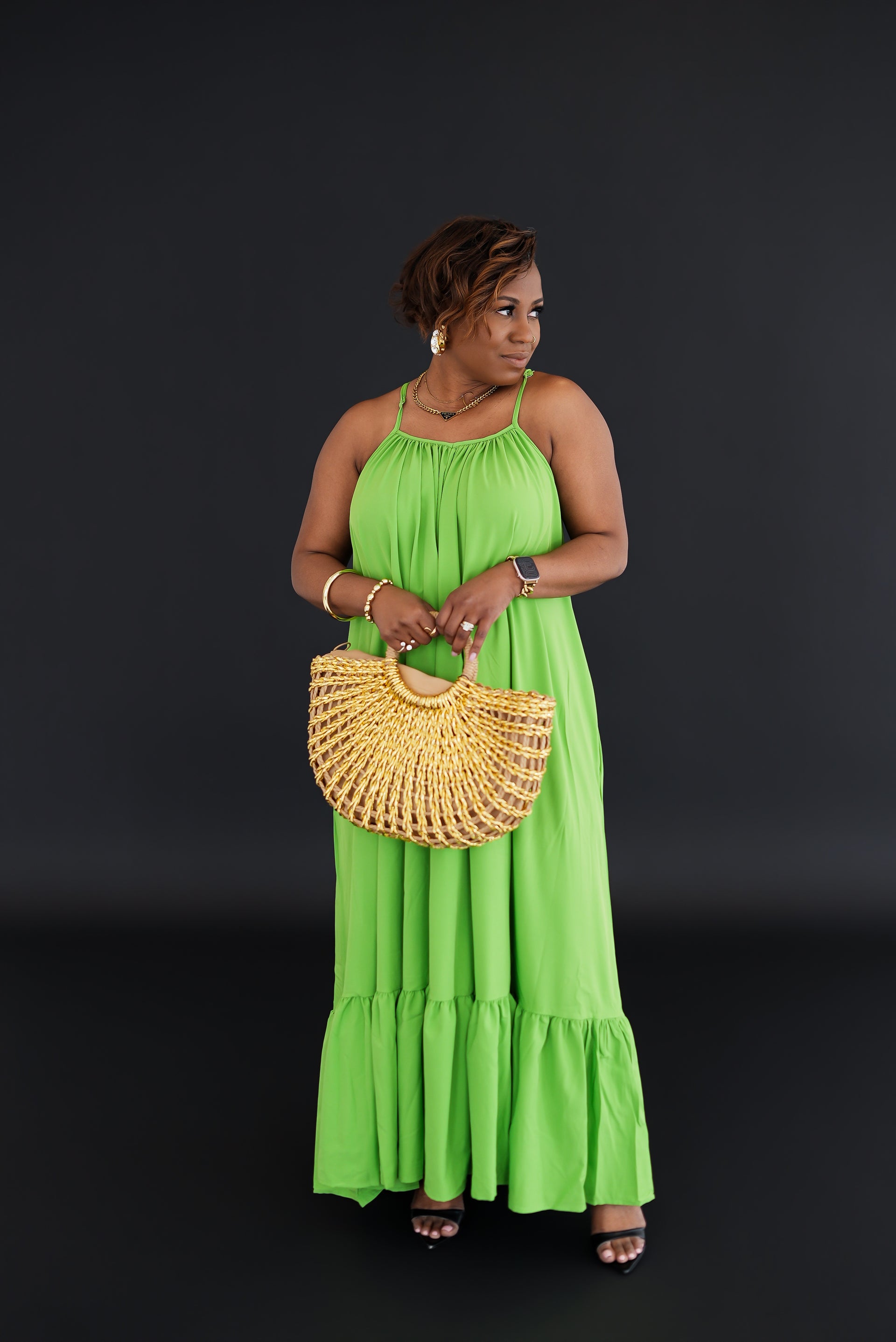 flowy green maxi dress Lime Flow Size:Youth LG(14/16) neckline​ and ​flowy A Designers > HERVE LEGER Black dress PNG