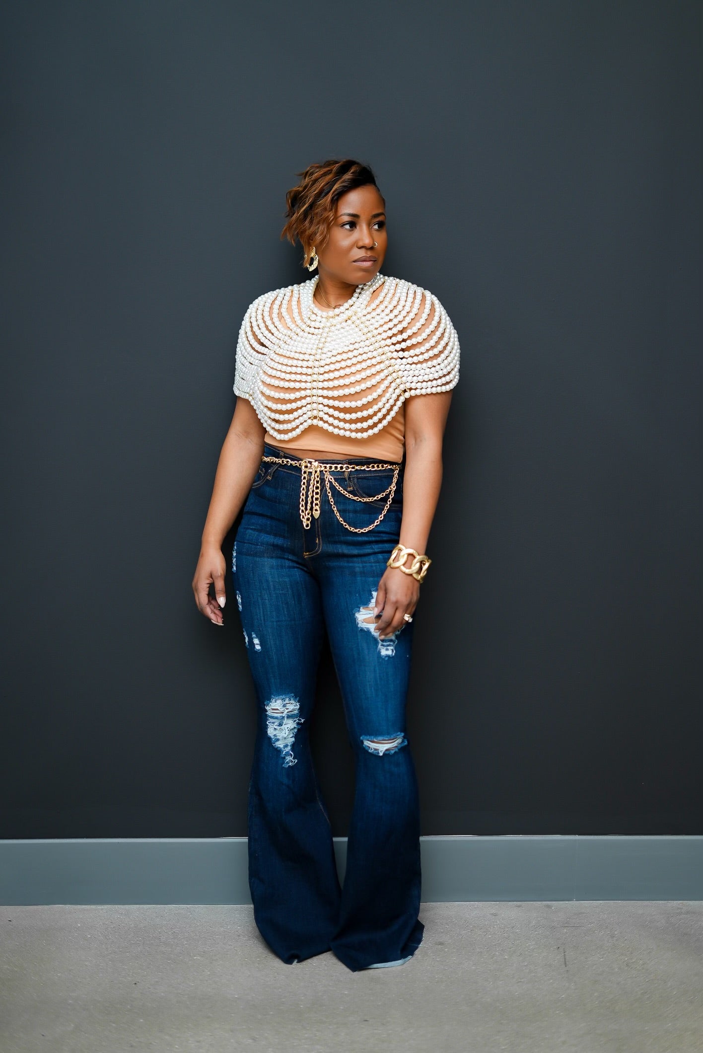 Faux Pearl Body Chain Top