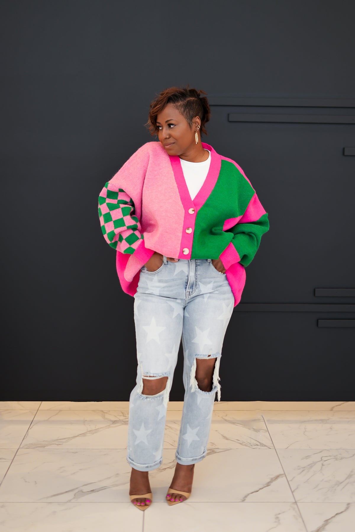 Abstract Checkered Cardigan (pink)