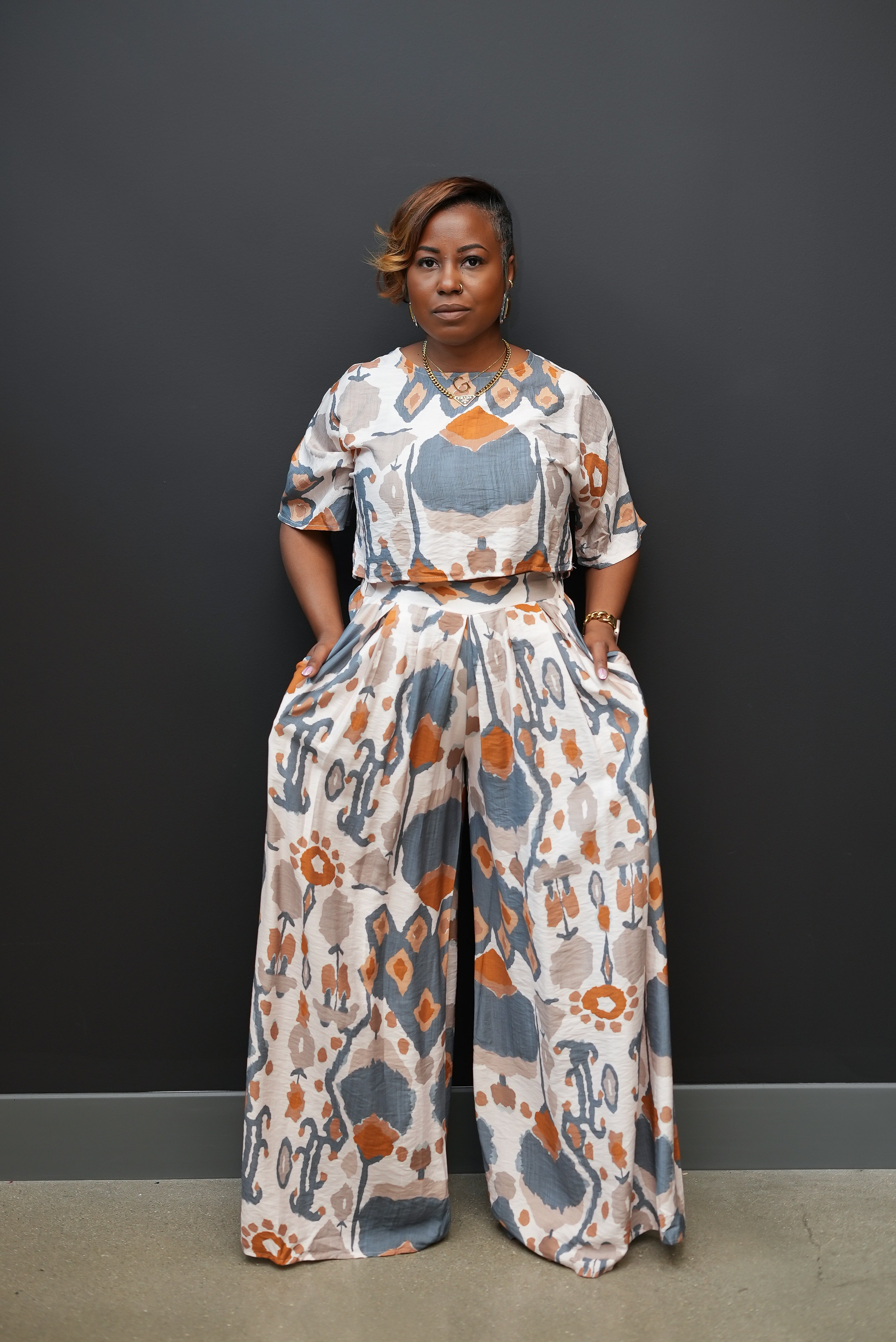 Desert Bloom Printed Palazzo Set (Grey)