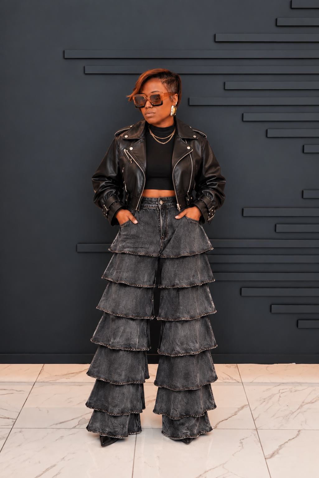 Denim Drama Tiered Pants (black)