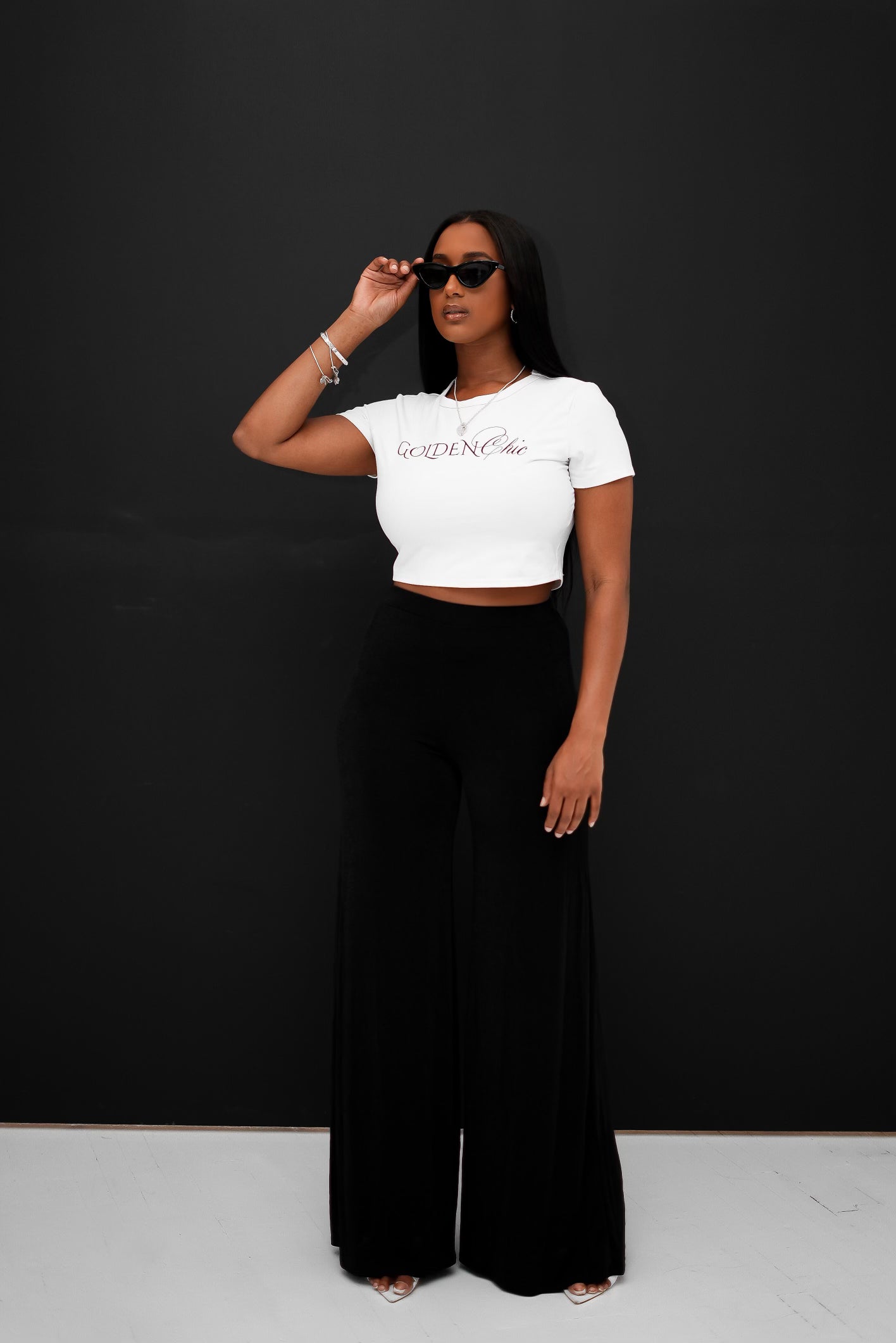 Shiny wide leg pants best sale